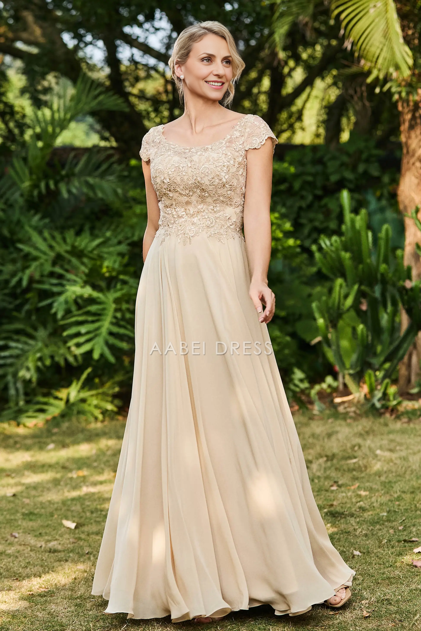 AABEI DRESS Wedding Guests Dresses Mom's Formal Dress A-Line Scoop Neck Cap Sleeves Lace Applique Top Chiffon Ruched Exquisite Mother of the Bride Dress