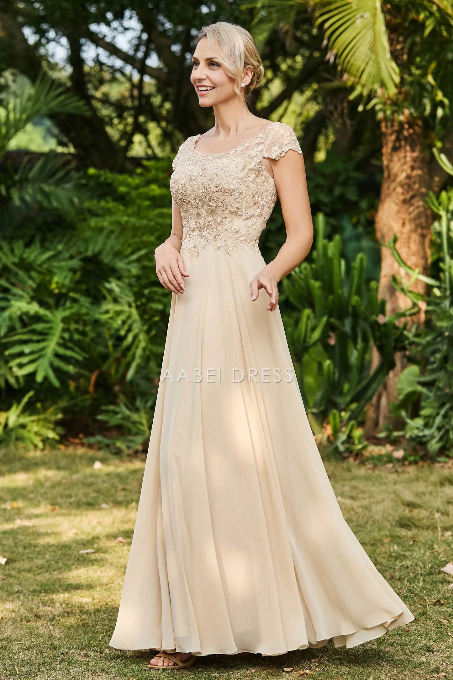 AABEI DRESS Wedding Guests Dresses Mom's Formal Dress A-Line Scoop Neck Cap Sleeves Lace Applique Top Chiffon Ruched Exquisite Mother of the Bride Dress