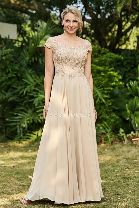 AABEI DRESS Wedding Guests Dresses Mom's Formal Dress A-Line Scoop Neck Cap Sleeves Lace Applique Top Chiffon Ruched Exquisite Mother of the Bride Dress