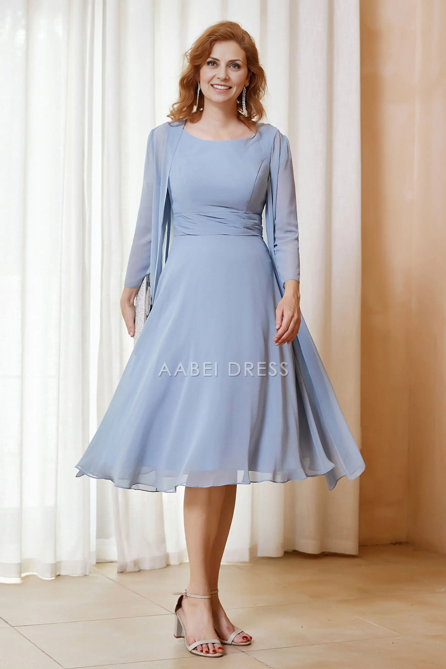 AABEI DRESS Wedding Guests Dresses Mom's Formal Dress A-Line Scoop Neck Chiffon Dress with Long Sleeves Jacket Two-Piece Set Elegant Mother of the Bride Dress