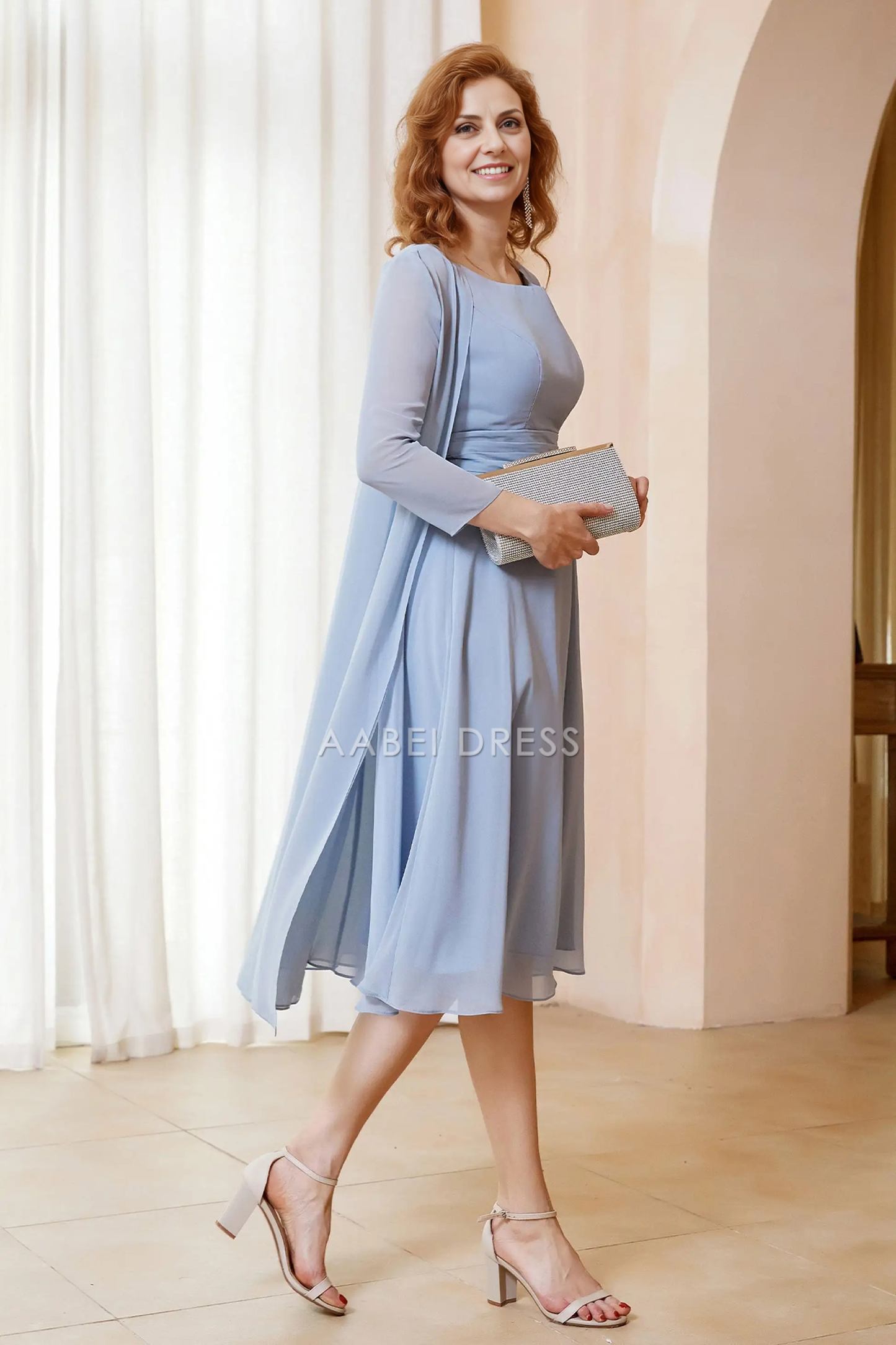 AABEI DRESS Wedding Guests Dresses Mom's Formal Dress A-Line Scoop Neck Chiffon Dress with Long Sleeves Jacket Two-Piece Set Elegant Mother of the Bride Dress