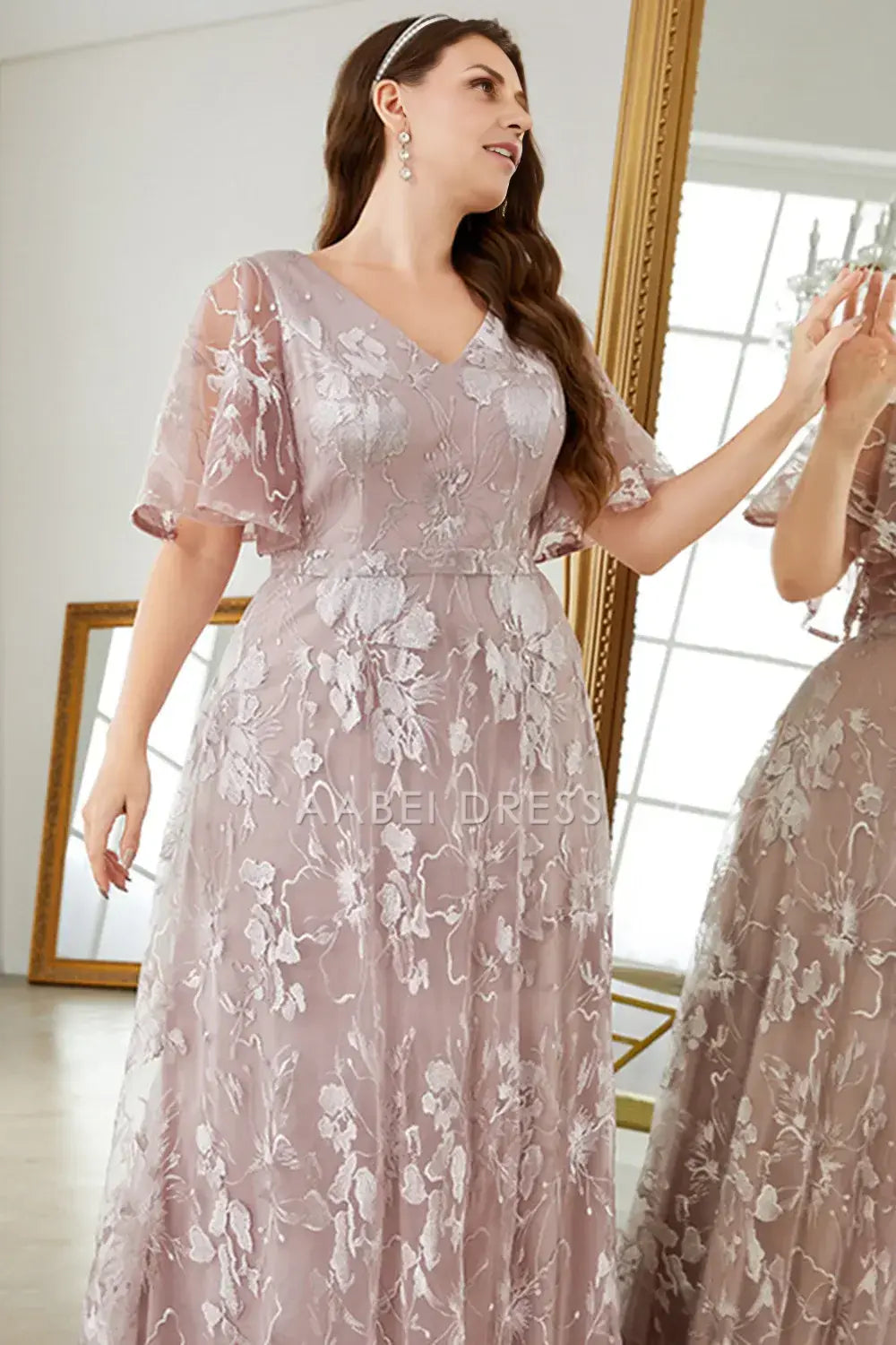 AABEI DRESS Wedding Guests Dresses Mom's Formal Dress A-Line V-Neck Flutter Sleeves Plus Size Dress Exquisite Jacquard Chic Mother of the Bride Dress