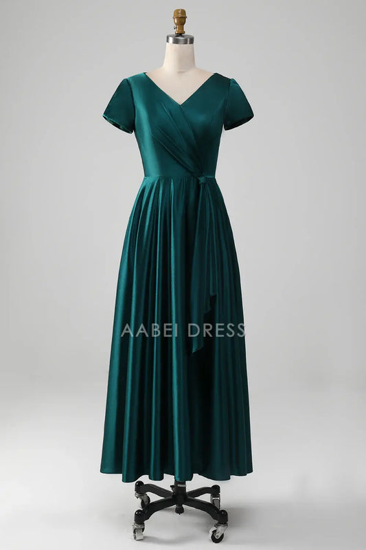 AABEI DRESS Wedding Guests Dresses Mom's Formal Dress A-Line V-Neck Short Sleeve Pleated Elegant Simple Mother of the Bride Dress