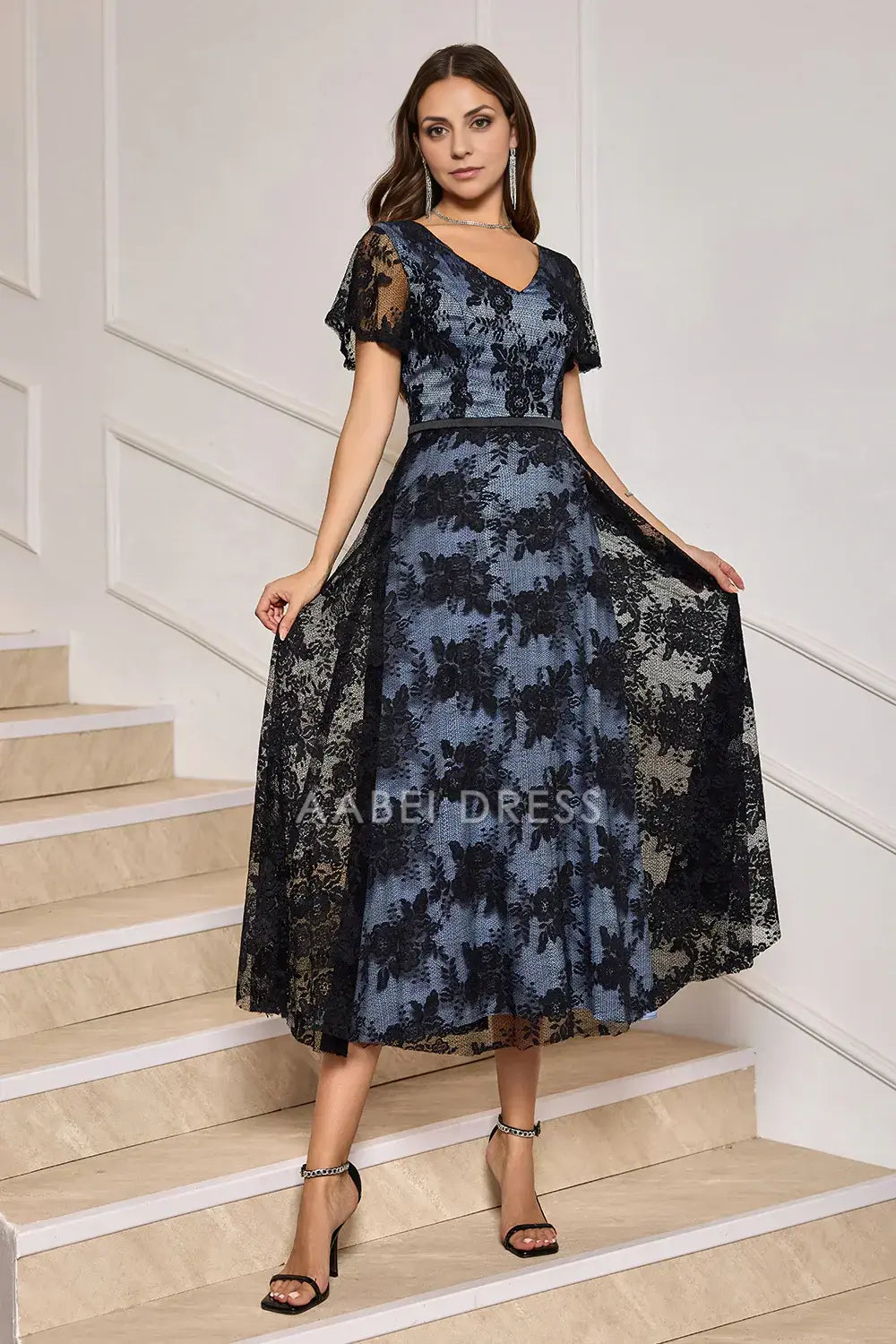AABEI DRESS Wedding Guests Dresses Mom's Formal Dress A-Line V-Neck Short Sleeves Tea-Length Retro Lace Exquisite Mother of the Bride Dress
