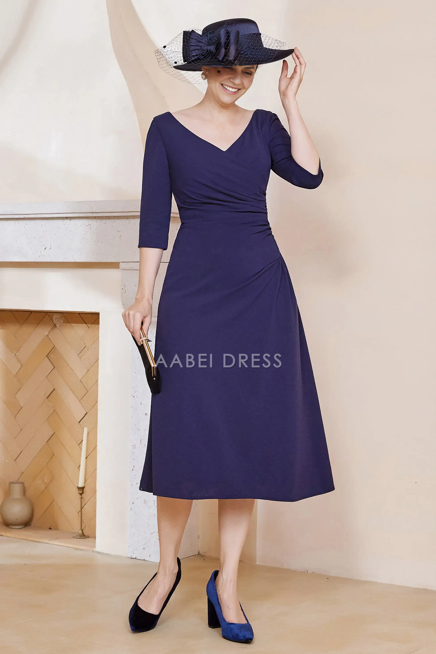 AABEI DRESS Wedding Guests Dresses Mom's Formal Dress A-Line V-neck 3/4 Sleeves Pleated Tea-Length Elegant Simple Mother of the Bride Dress