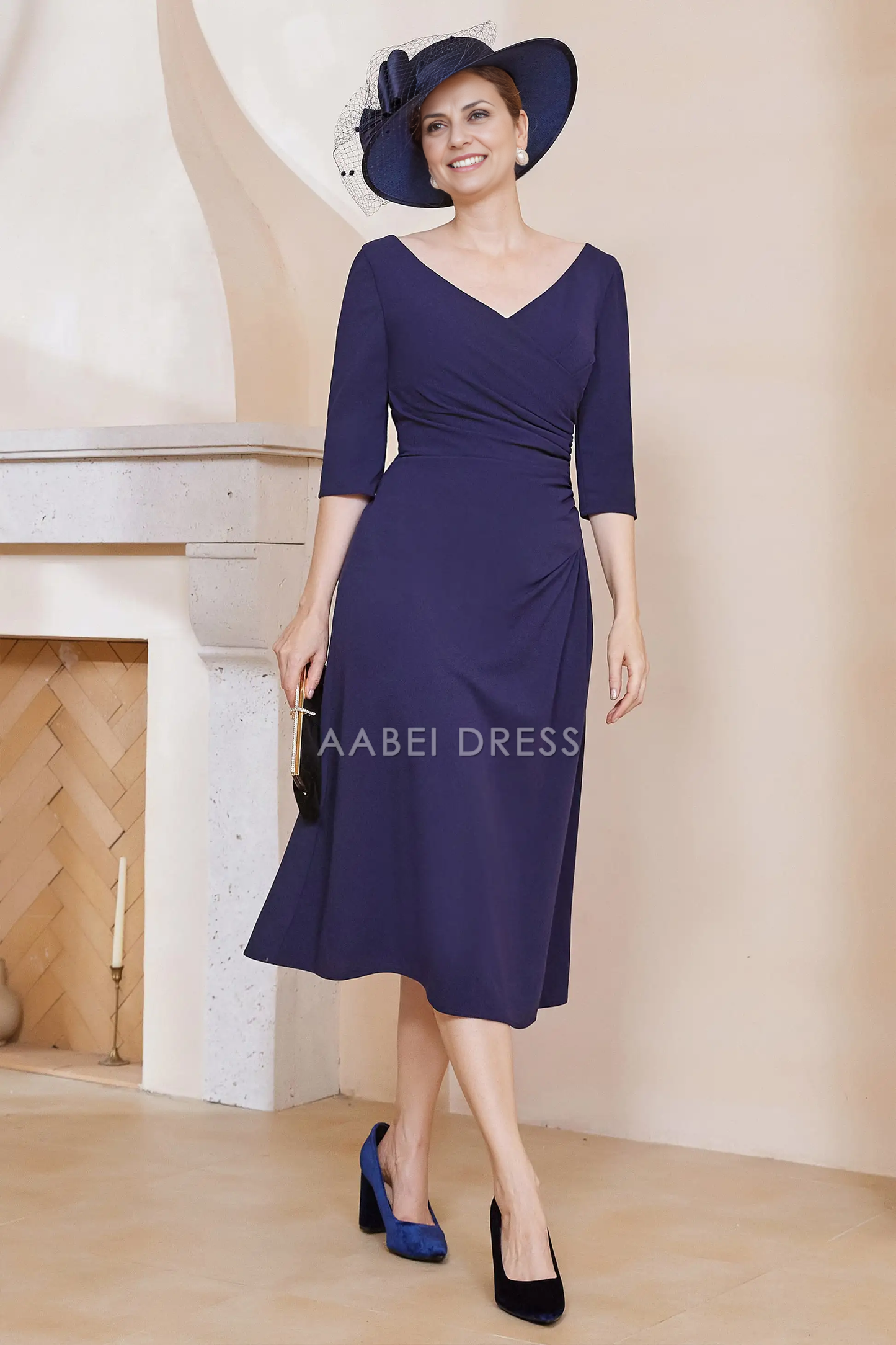 AABEI DRESS Wedding Guests Dresses Mom's Formal Dress A-Line V-neck 3/4 Sleeves Pleated Tea-Length Elegant Simple Mother of the Bride Dress