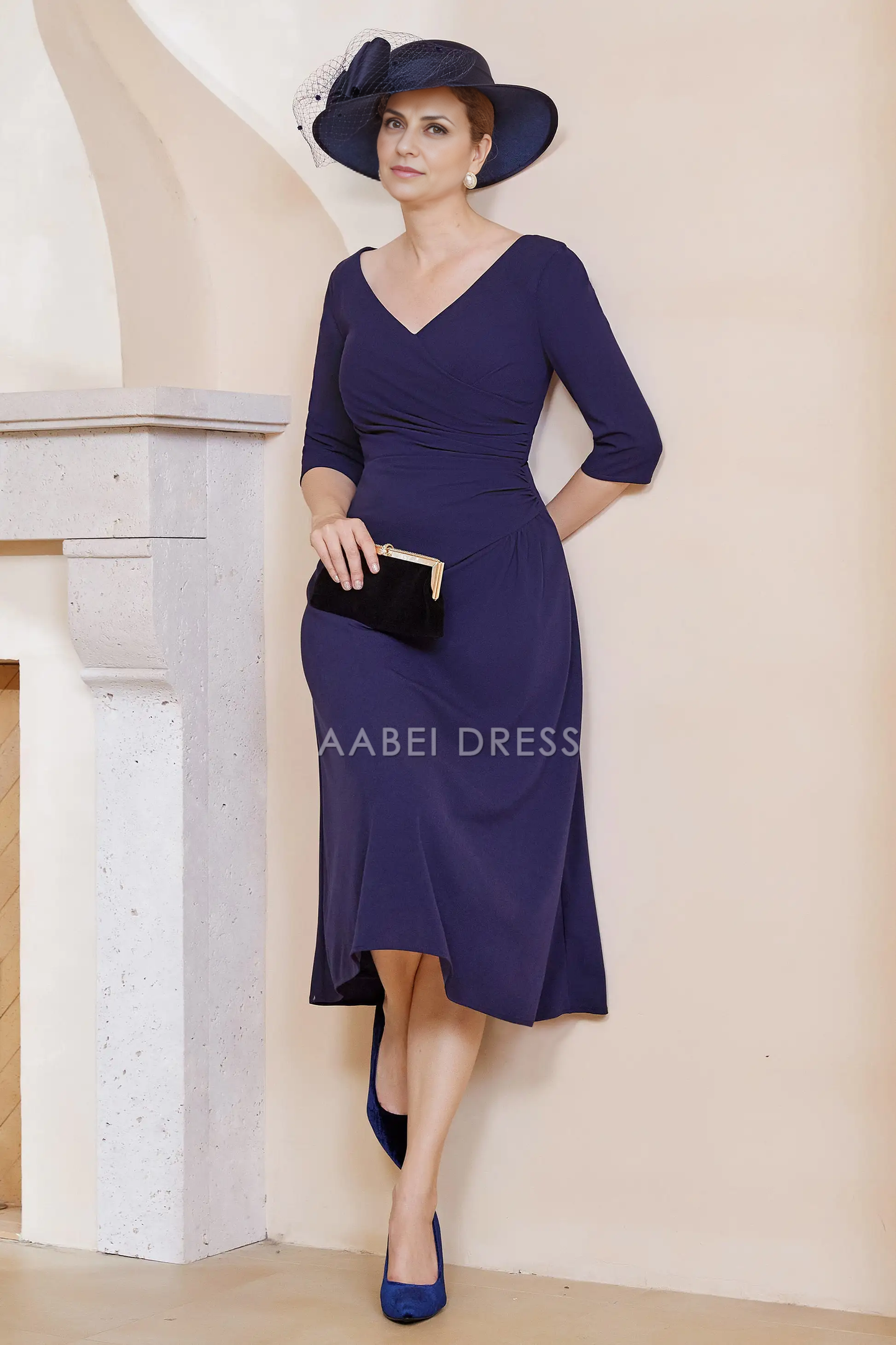 AABEI DRESS Wedding Guests Dresses Mom's Formal Dress A-Line V-neck 3/4 Sleeves Pleated Tea-Length Elegant Simple Mother of the Bride Dress