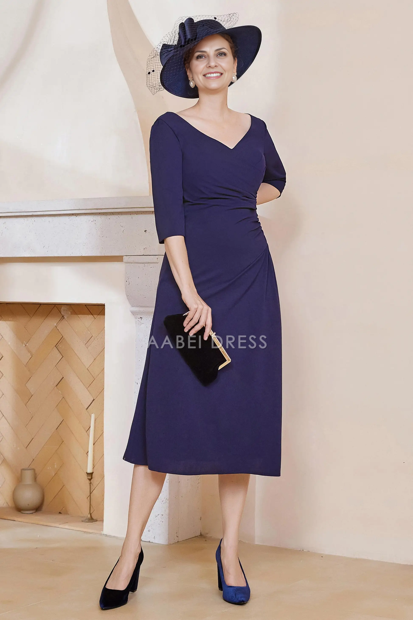 AABEI DRESS Wedding Guests Dresses Mom's Formal Dress A-Line V-neck 3/4 Sleeves Pleated Tea-Length Elegant Simple Mother of the Bride Dress