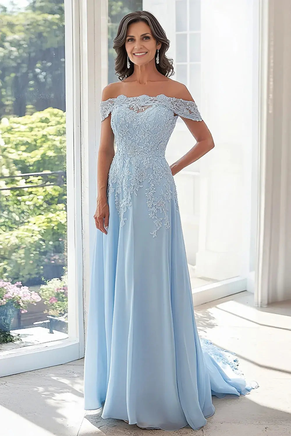 AABEI DRESS Wedding Guests Dresses Mom's Formal Dress A Line Off The Shoulder Lace Appliqued  Chiffon Sweep Train Exquisite Mother of the Bride Dress