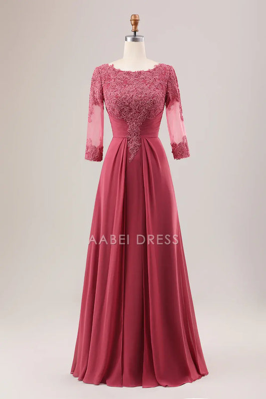 AABEI DRESS Wedding Guests Dresses Mom's Formal Dress A Line Scoop Neck 3/4 Sleeves  Chiffon Pleated with Lace Appliques Exquisite Mother of the Bride Dress