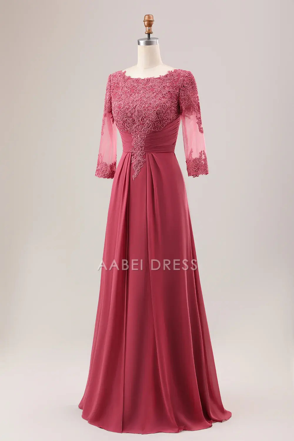 AABEI DRESS Wedding Guests Dresses Mom's Formal Dress A Line Scoop Neck 3/4 Sleeves  Chiffon Pleated with Lace Appliques Exquisite Mother of the Bride Dress