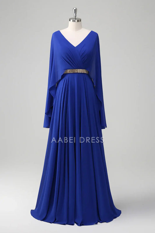 AABEI DRESS Wedding Guests Dresses Mom's Formal Dress A Line V-Neck Pleated Chiffon V Back Flutter Sleeves with Rhinestone Belt Elegant Long Mother of the Bride Dress