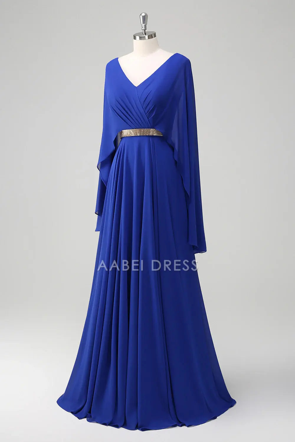 AABEI DRESS Wedding Guests Dresses Mom's Formal Dress A Line V-Neck Pleated Chiffon V Back Flutter Sleeves with Rhinestone Belt Elegant Long Mother of the Bride Dress