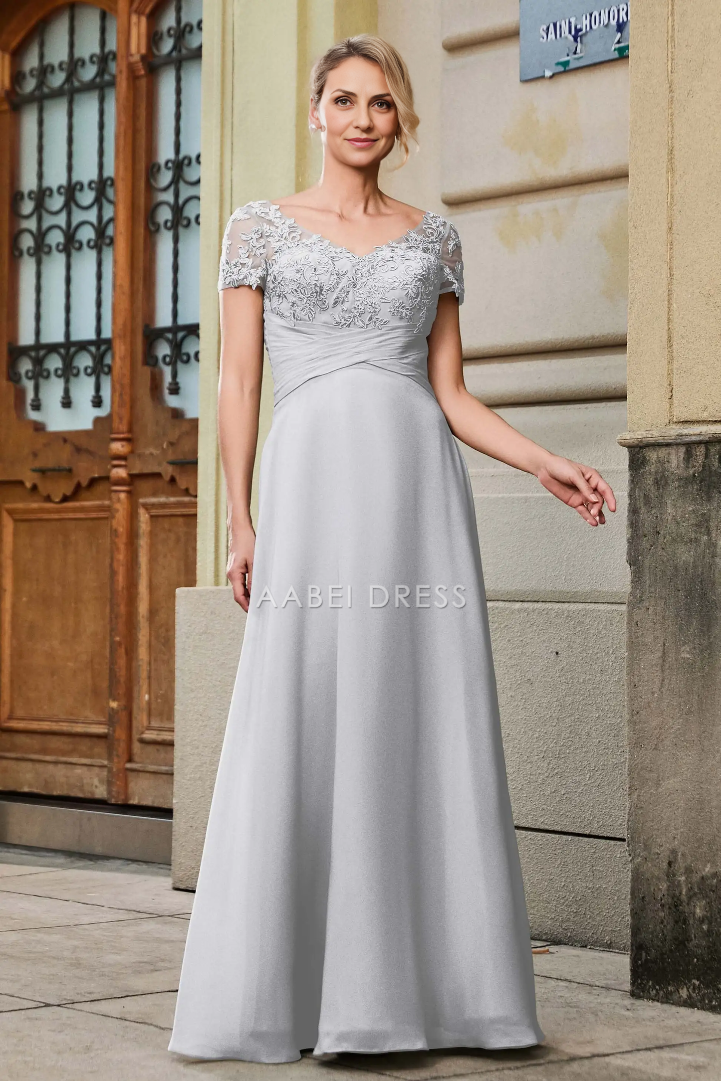 AABEI DRESS Wedding Guests Dresses Mom's Formal Dress A Line V-neck Short Sleeves Lace Applique Chiffon Pleated Empire Waist V Back Elegant Mother of the Bride Dress