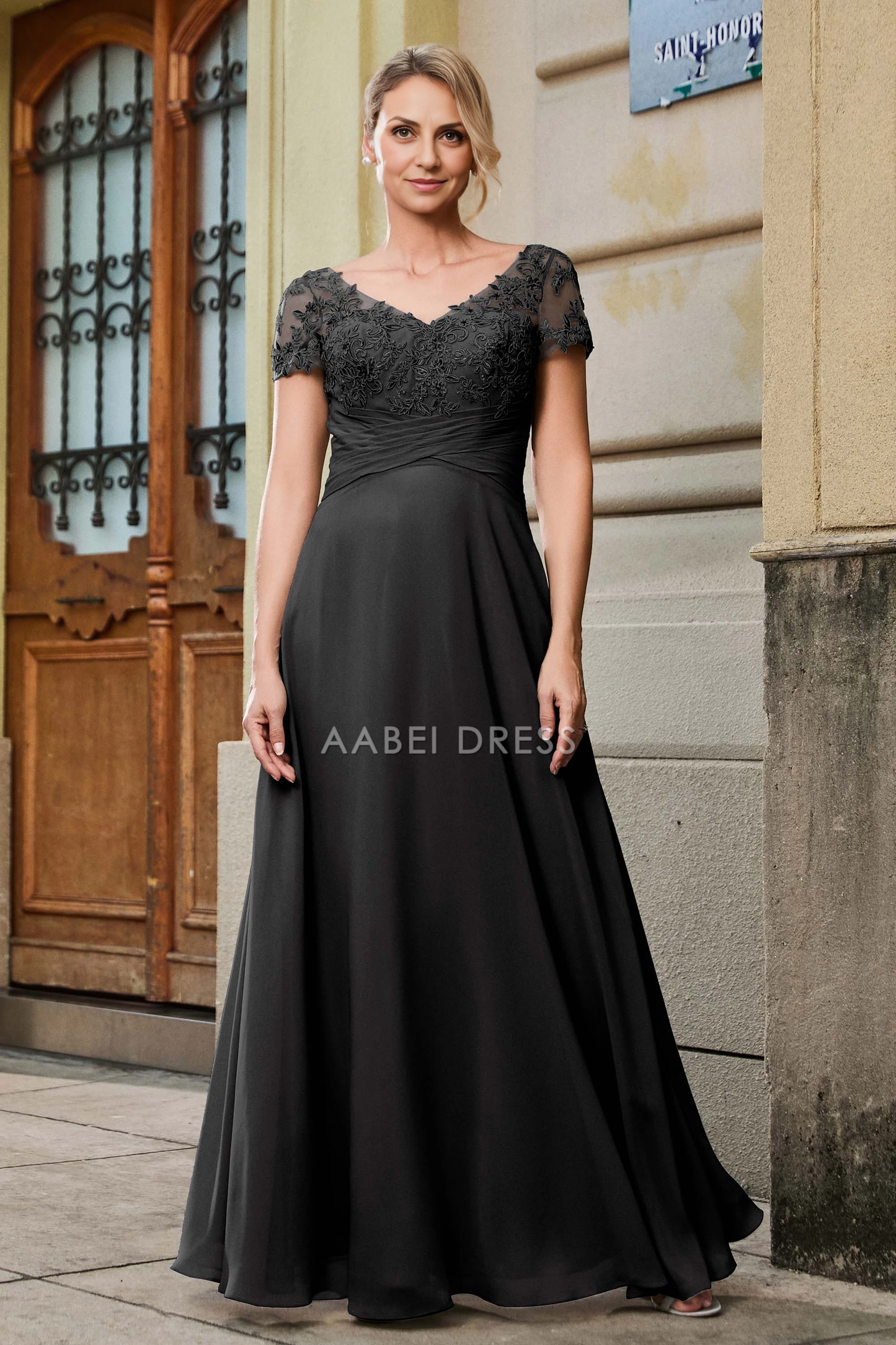 AABEI DRESS Wedding Guests Dresses Mom's Formal Dress A Line V-neck Short Sleeves Lace Applique Chiffon Pleated Empire Waist V Back Elegant Mother of the Bride Dress(副本)