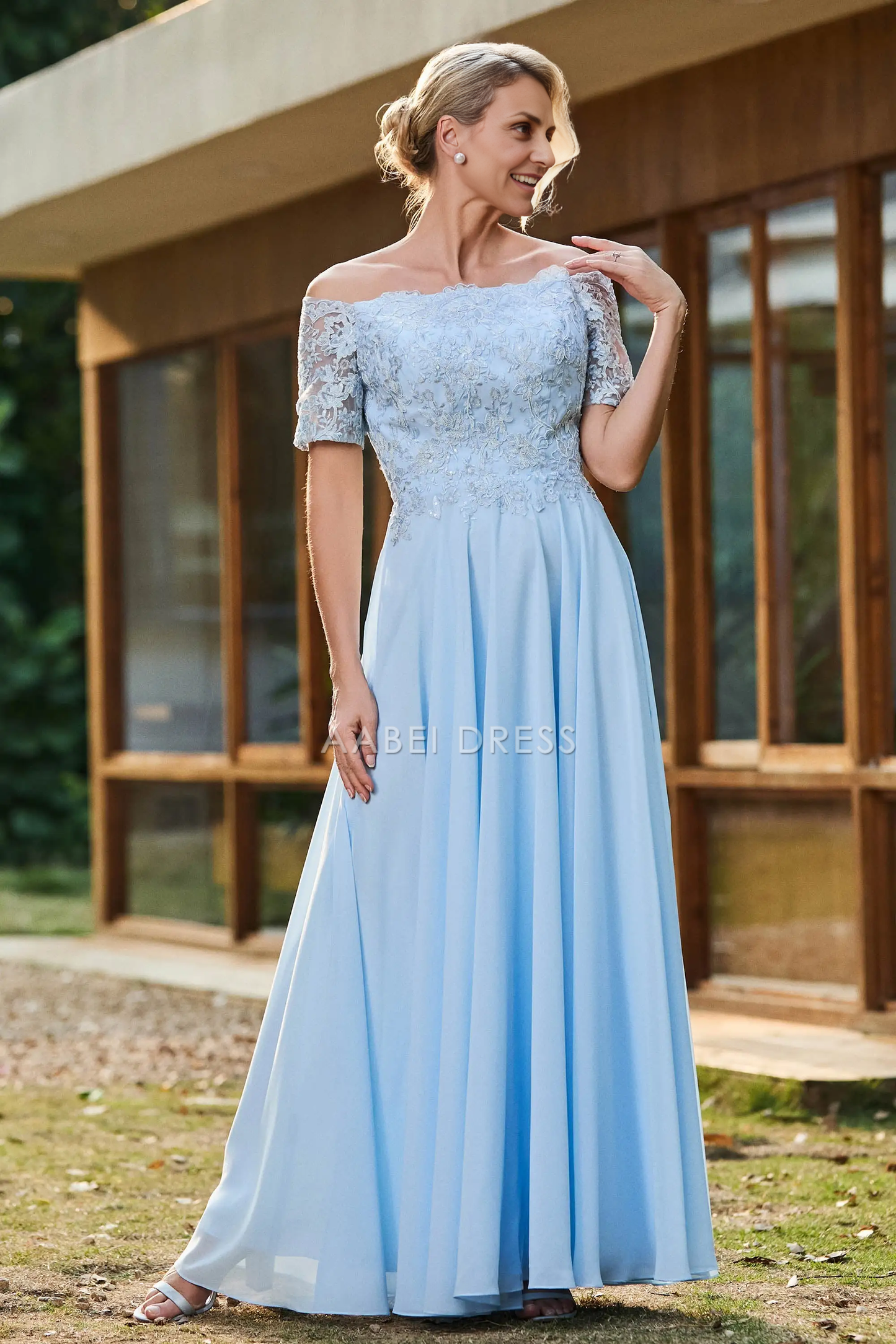 AABEI DRESS Wedding Guests Dresses Mom's Formal Dress Elegant A-Line Off Shoulder Short Sleeves Lace Applique Top Ruched Chiffon Dress Exquisite Mother of the Bride Dress