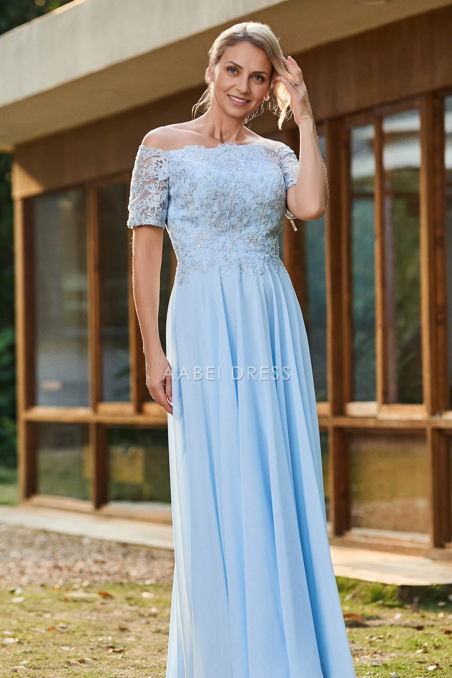 AABEI DRESS Wedding Guests Dresses Mom's Formal Dress Elegant A-Line Off Shoulder Short Sleeves Lace Applique Top Ruched Chiffon Dress Exquisite Mother of the Bride Dress