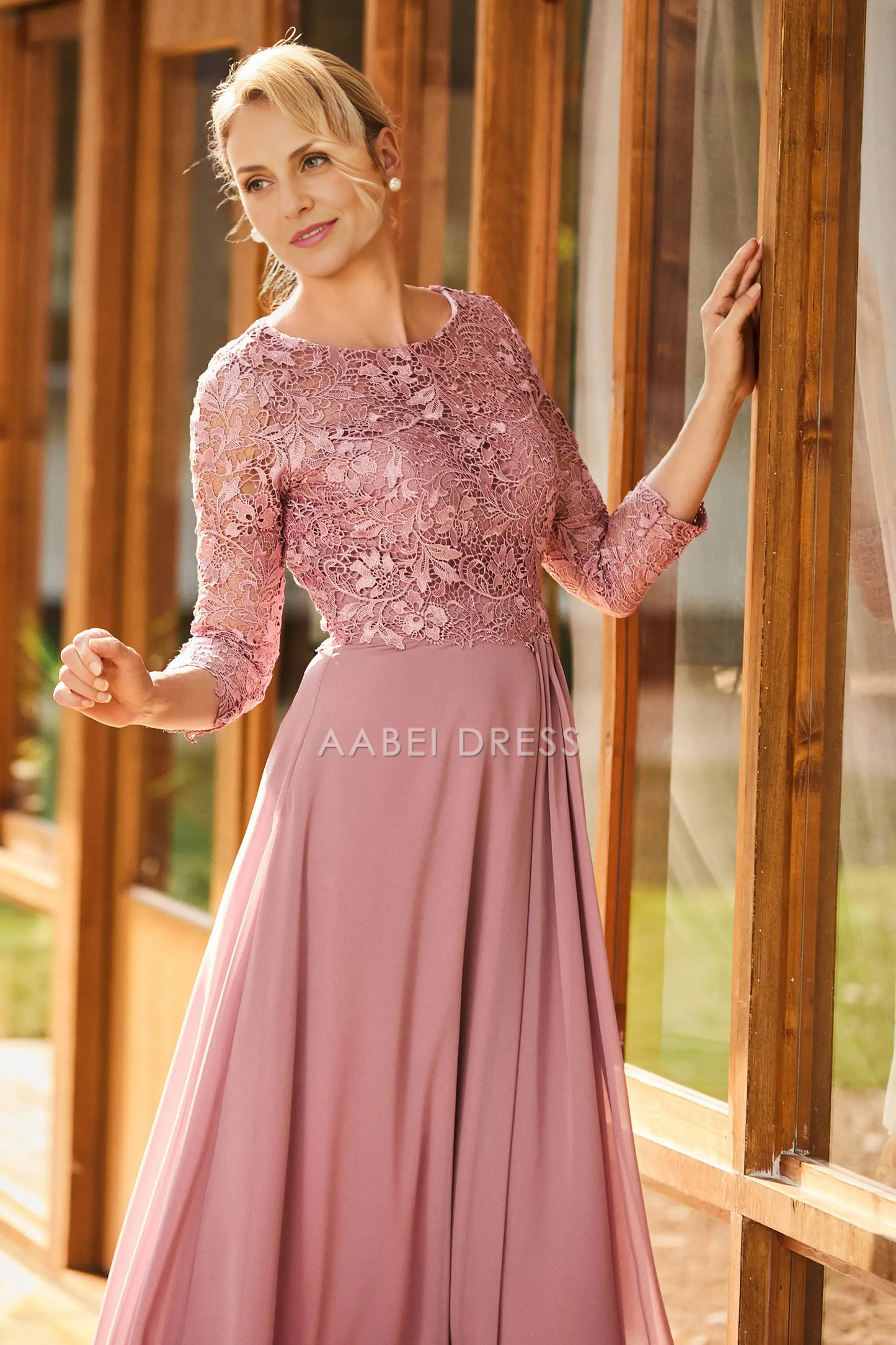 AABEI DRESS Wedding Guests Dresses Mom's Formal Dress Elegant A-Line Scoop Neck Long Sleeves Lace Top Chiffon Floor-Length Dress Exquisite Mother of the Bride Dress