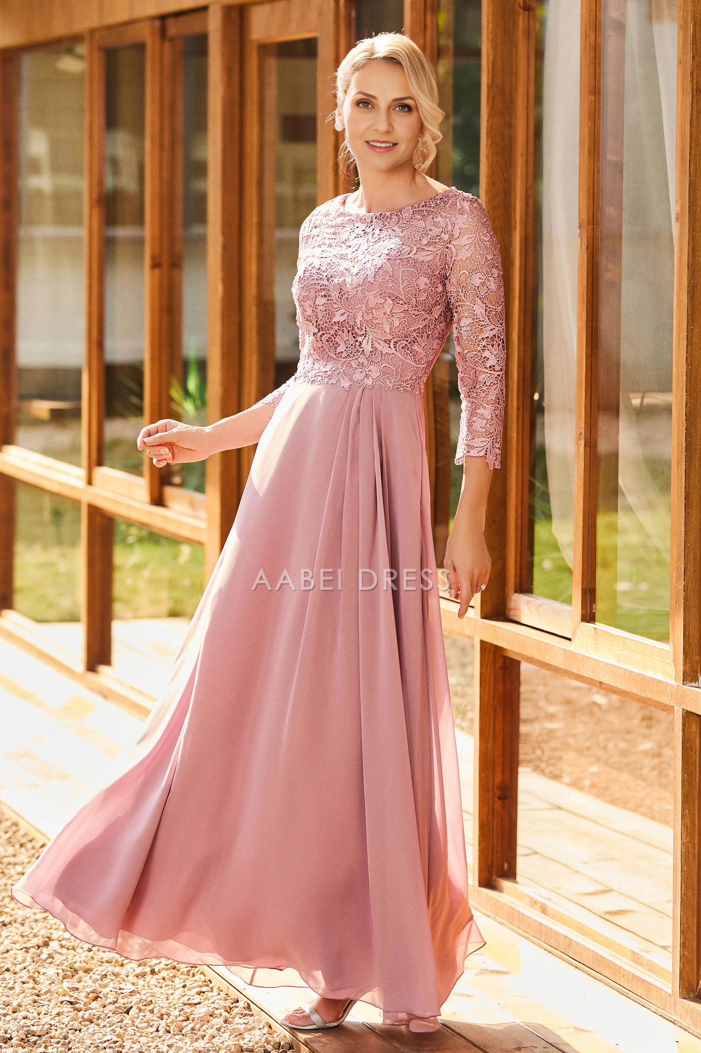 AABEI DRESS Wedding Guests Dresses Mom's Formal Dress Elegant A-Line Scoop Neck Long Sleeves Lace Top Chiffon Floor-Length Dress Exquisite Mother of the Bride Dress