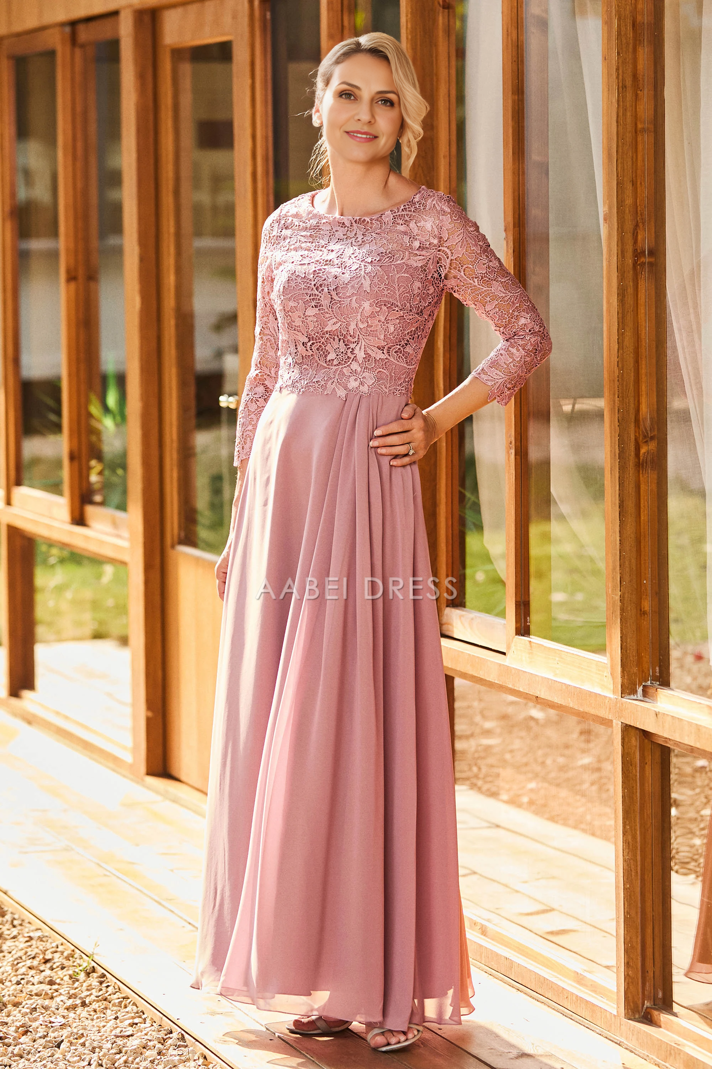 AABEI DRESS Wedding Guests Dresses Mom's Formal Dress Elegant A-Line Scoop Neck Long Sleeves Lace Top Chiffon Floor-Length Dress Exquisite Mother of the Bride Dress