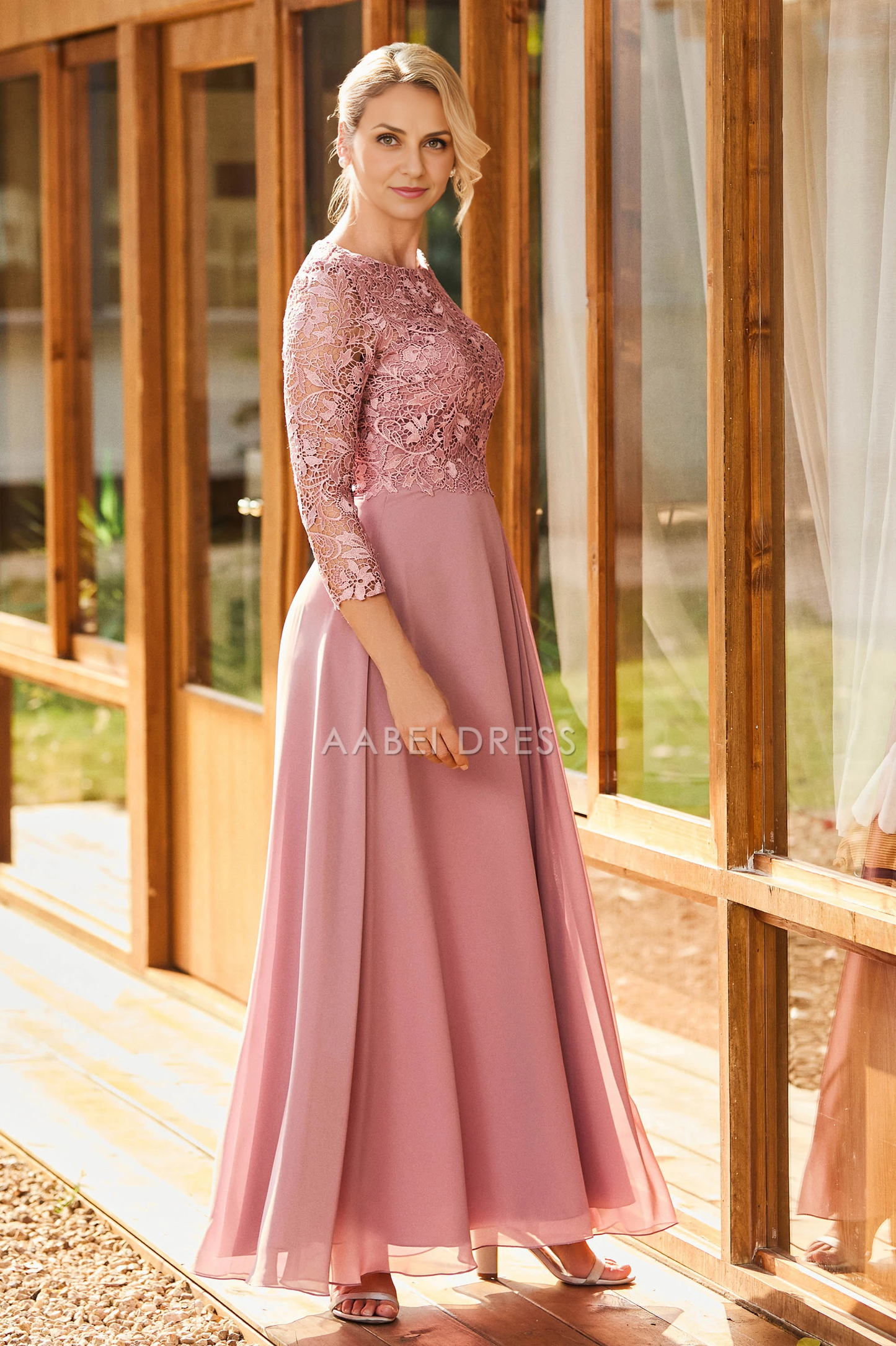 AABEI DRESS Wedding Guests Dresses Mom's Formal Dress Elegant A-Line Scoop Neck Long Sleeves Lace Top Chiffon Floor-Length Dress Exquisite Mother of the Bride Dress