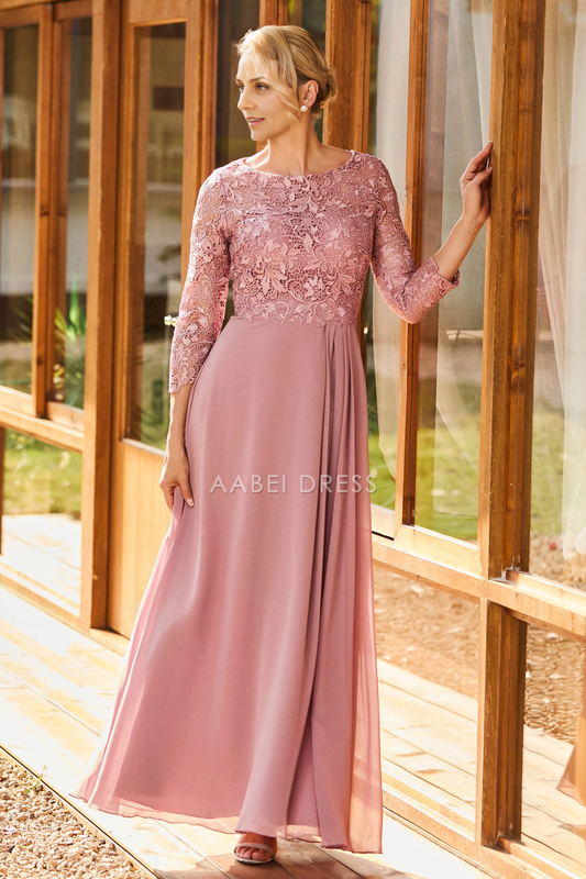 AABEI DRESS Wedding Guests Dresses Mom's Formal Dress Elegant A-Line Scoop Neck Long Sleeves Lace Top Chiffon Floor-Length Dress Exquisite Mother of the Bride Dress