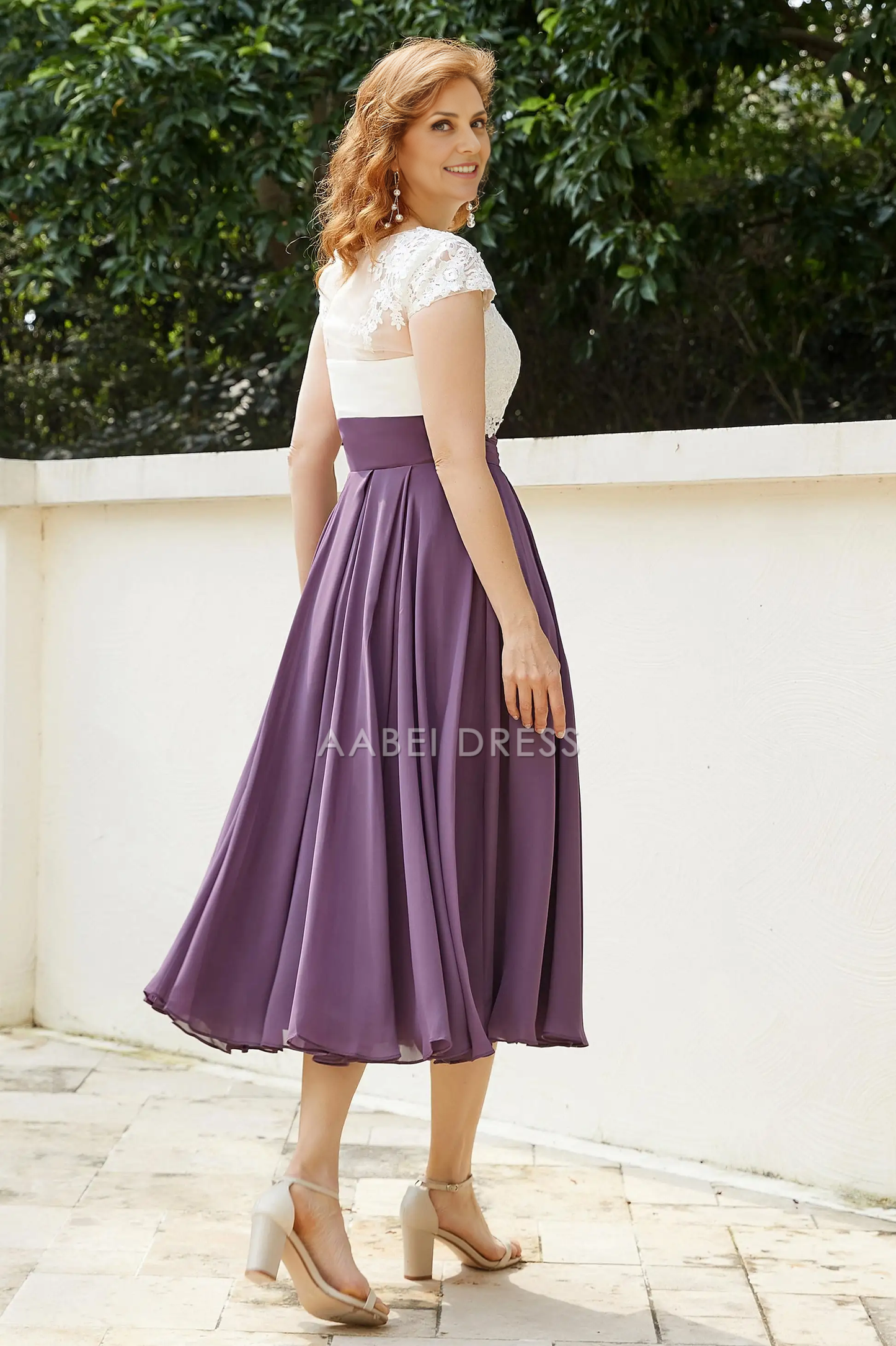 AABEI DRESS Wedding Guests Dresses Mom's Formal Dress Elegant A-Line V Neck Cap Sleeves Lace Top Chiffon Ruched Tea-Length Dress Retro Mother of the Bride Dress