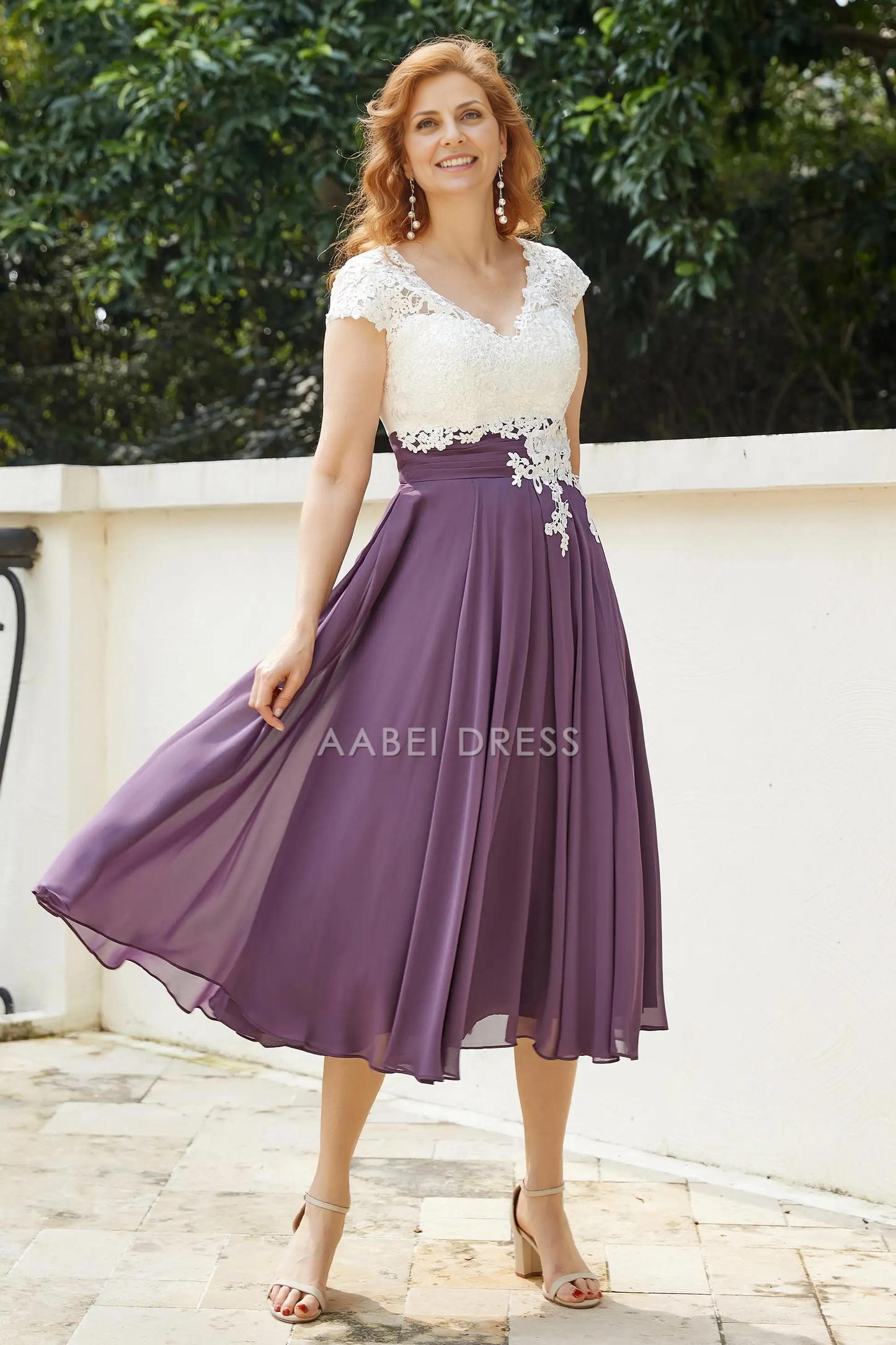 AABEI DRESS Wedding Guests Dresses Mom's Formal Dress Elegant A-Line V Neck Cap Sleeves Lace Top Chiffon Ruched Tea-Length Dress Retro Mother of the Bride Dress