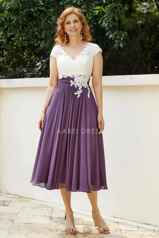 AABEI DRESS Wedding Guests Dresses Mom's Formal Dress Elegant A-Line V Neck Cap Sleeves Lace Top Chiffon Ruched Tea-Length Dress Retro Mother of the Bride Dress