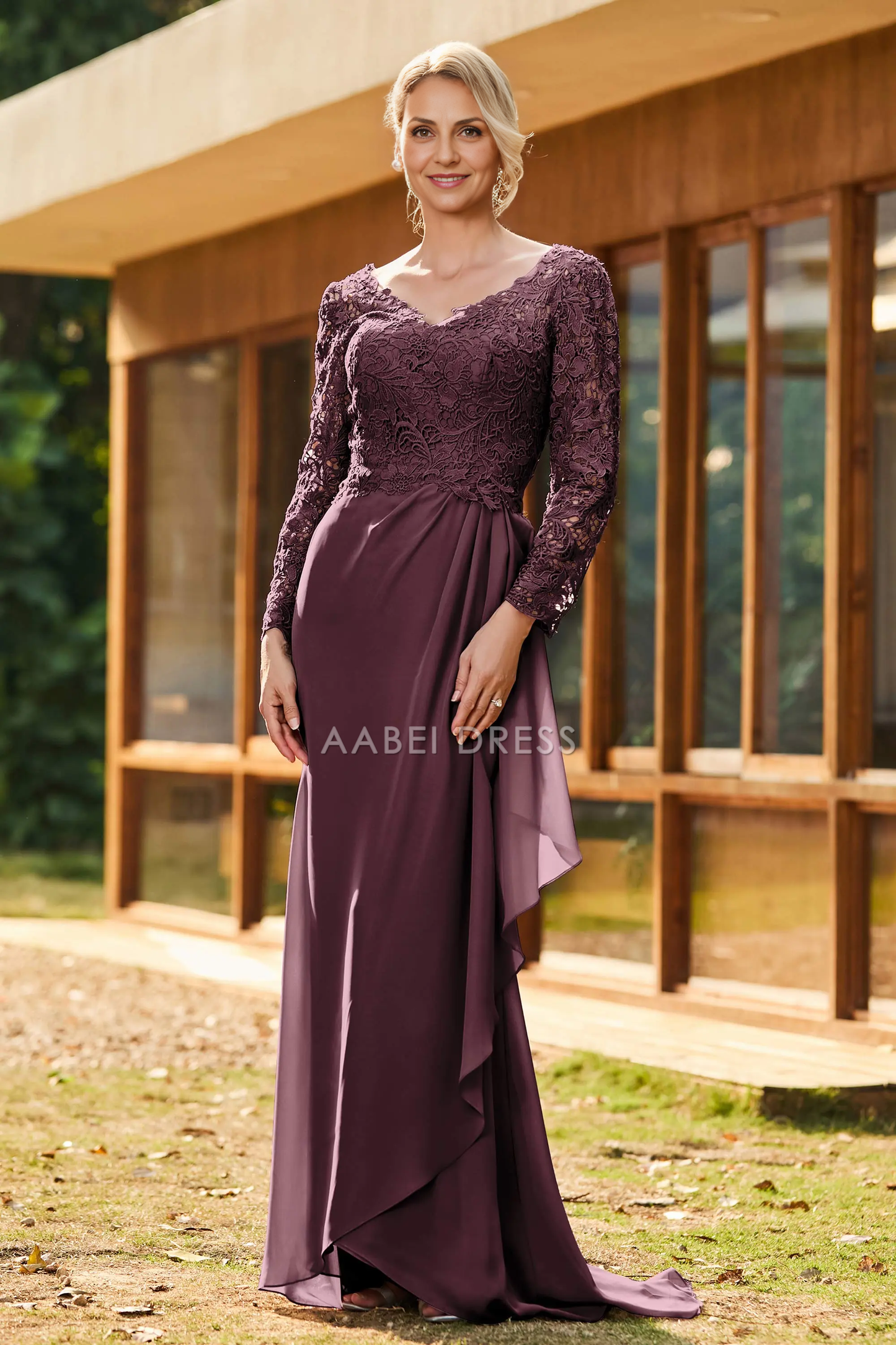 AABEI DRESS Wedding Guests Dresses Mom's Formal Dress Elegant Sheath V-Neck Long Sleeves Lace Top V Back Chiffon Ruched Sweep Train Retro Mother of the Bride Dress
