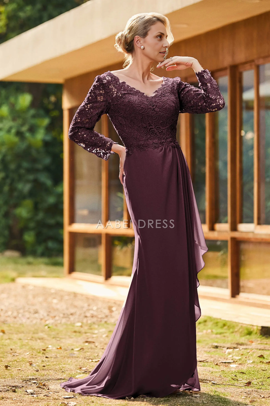 AABEI DRESS Wedding Guests Dresses Mom's Formal Dress Elegant Sheath V-Neck Long Sleeves Lace Top V Back Chiffon Ruched Sweep Train Retro Mother of the Bride Dress