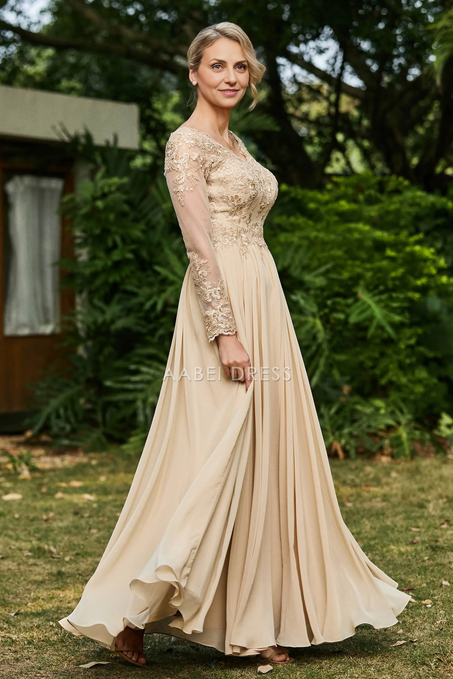 AABEI DRESS Wedding Guests Dresses Mom's Formal Dress Exquisite A-Line V Neck Long Sleeves Lace Applique Chiffon Ruched Graceful Dress Mother of the Bride Dress