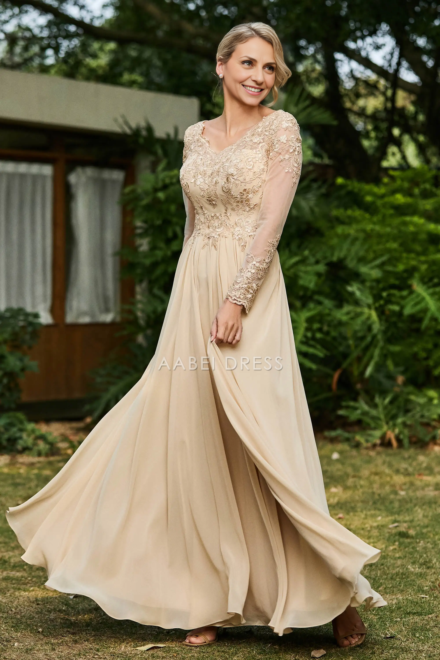 AABEI DRESS Wedding Guests Dresses Mom's Formal Dress Exquisite A-Line V Neck Long Sleeves Lace Applique Chiffon Ruched Graceful Dress Mother of the Bride Dress