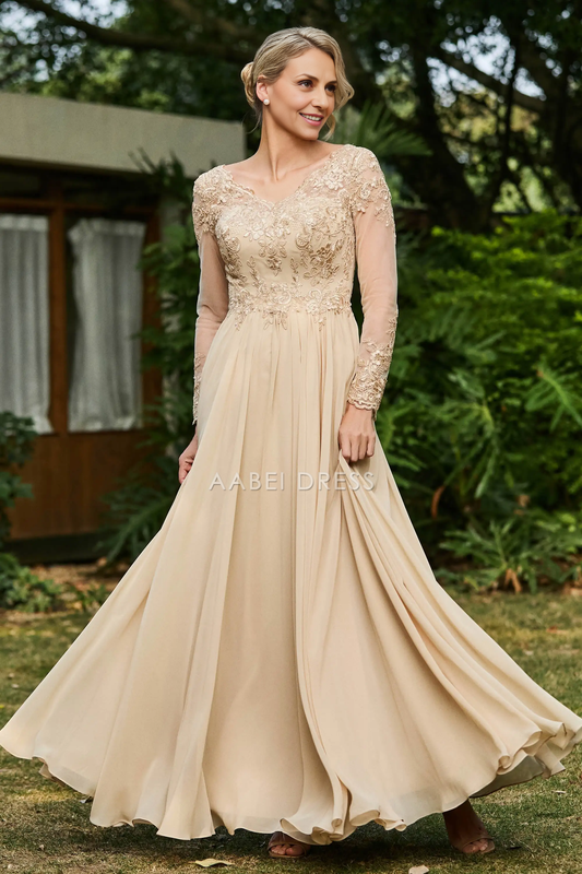 AABEI DRESS Wedding Guests Dresses Mom's Formal Dress Exquisite A-Line V Neck Long Sleeves Lace Applique Chiffon Ruched Graceful Dress Mother of the Bride Dress