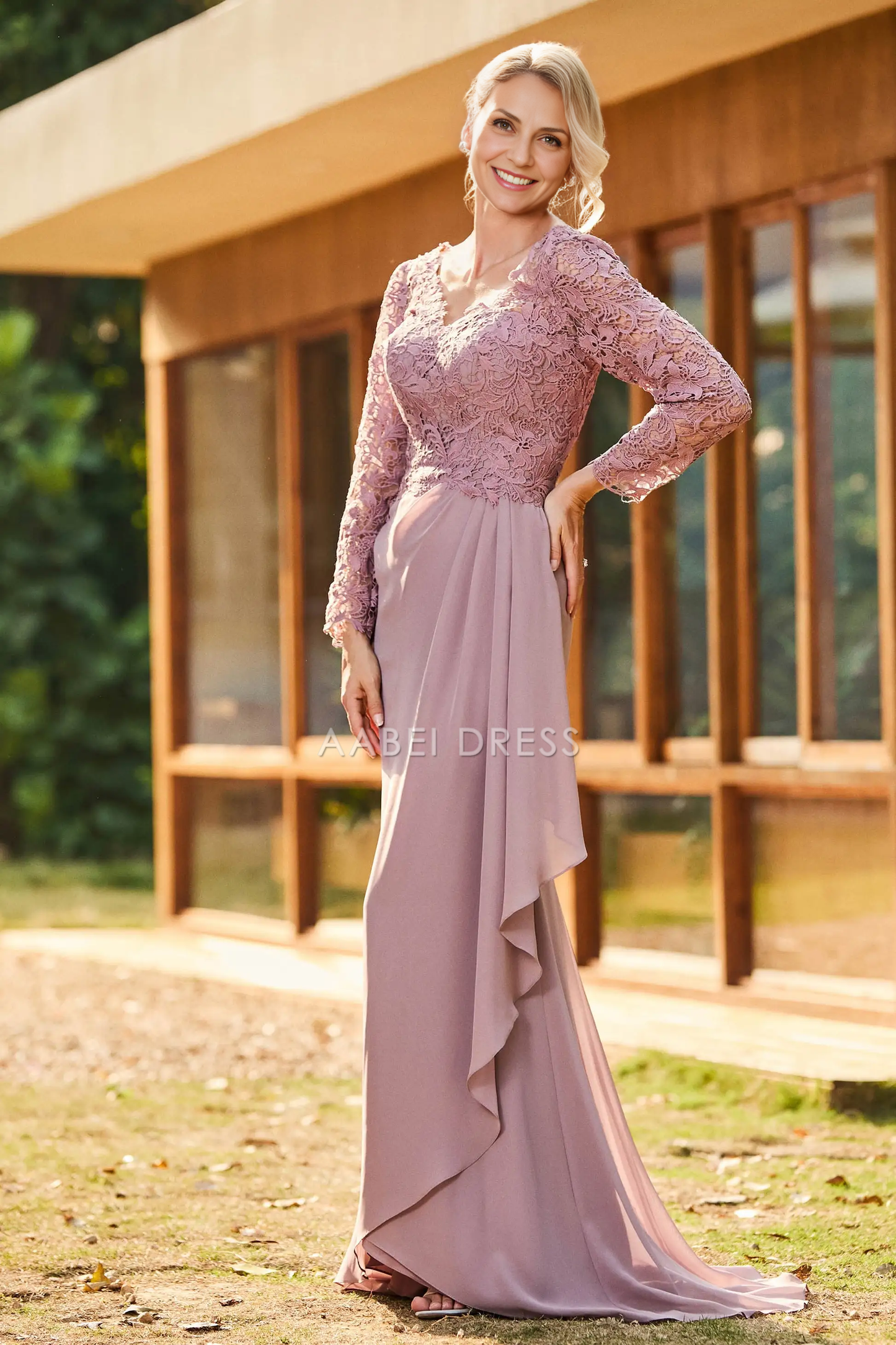 AABEI DRESS Wedding Guests Dresses Mom's Formal Dress Exquisite Sheath V-Neck Long Sleeves Lace Top V Back Chiffon Ruched Sweep Train Retro Mother of the Bride Dress