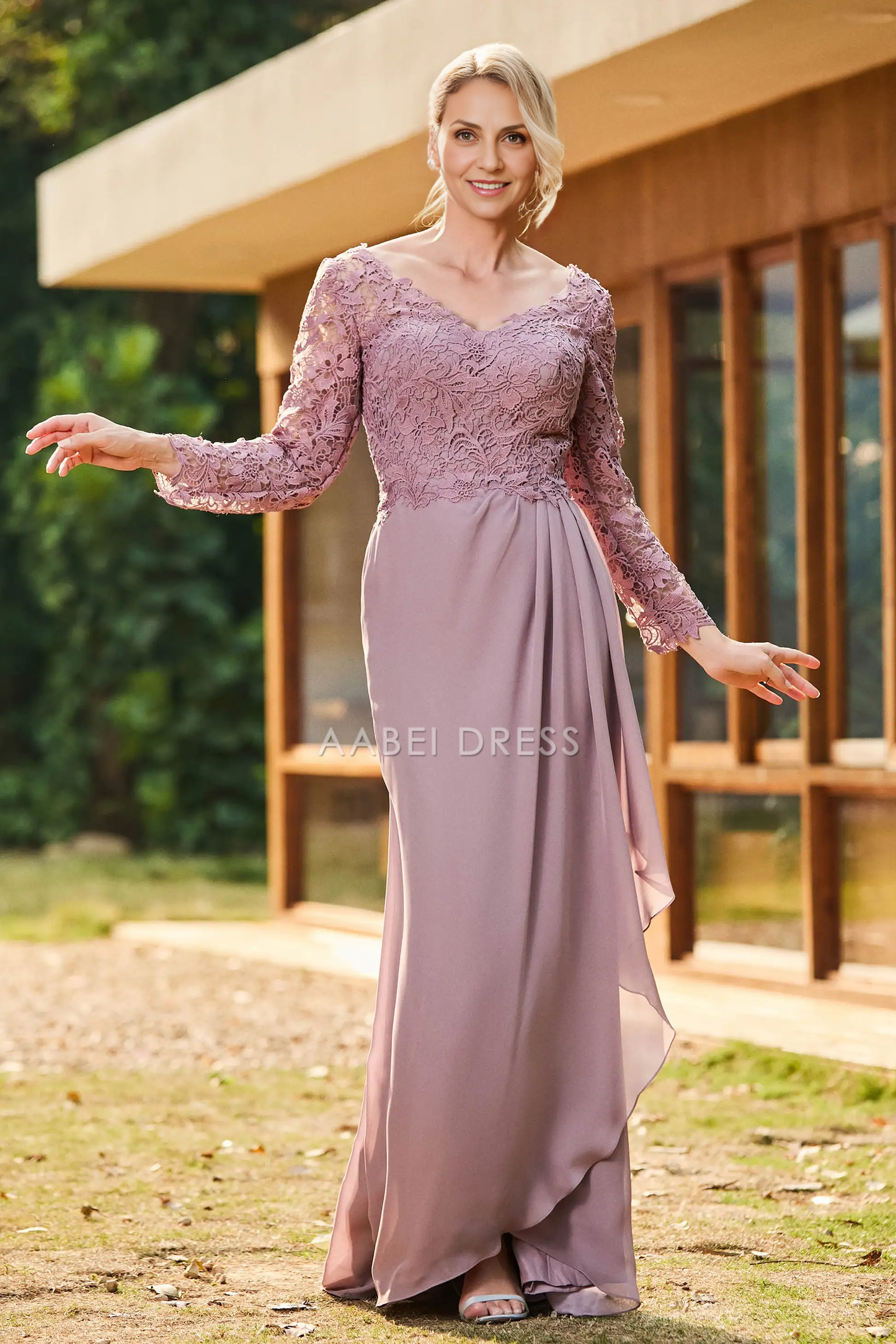 AABEI DRESS Wedding Guests Dresses Mom's Formal Dress Exquisite Sheath V-Neck Long Sleeves Lace Top V Back Chiffon Ruched Sweep Train Retro Mother of the Bride Dress