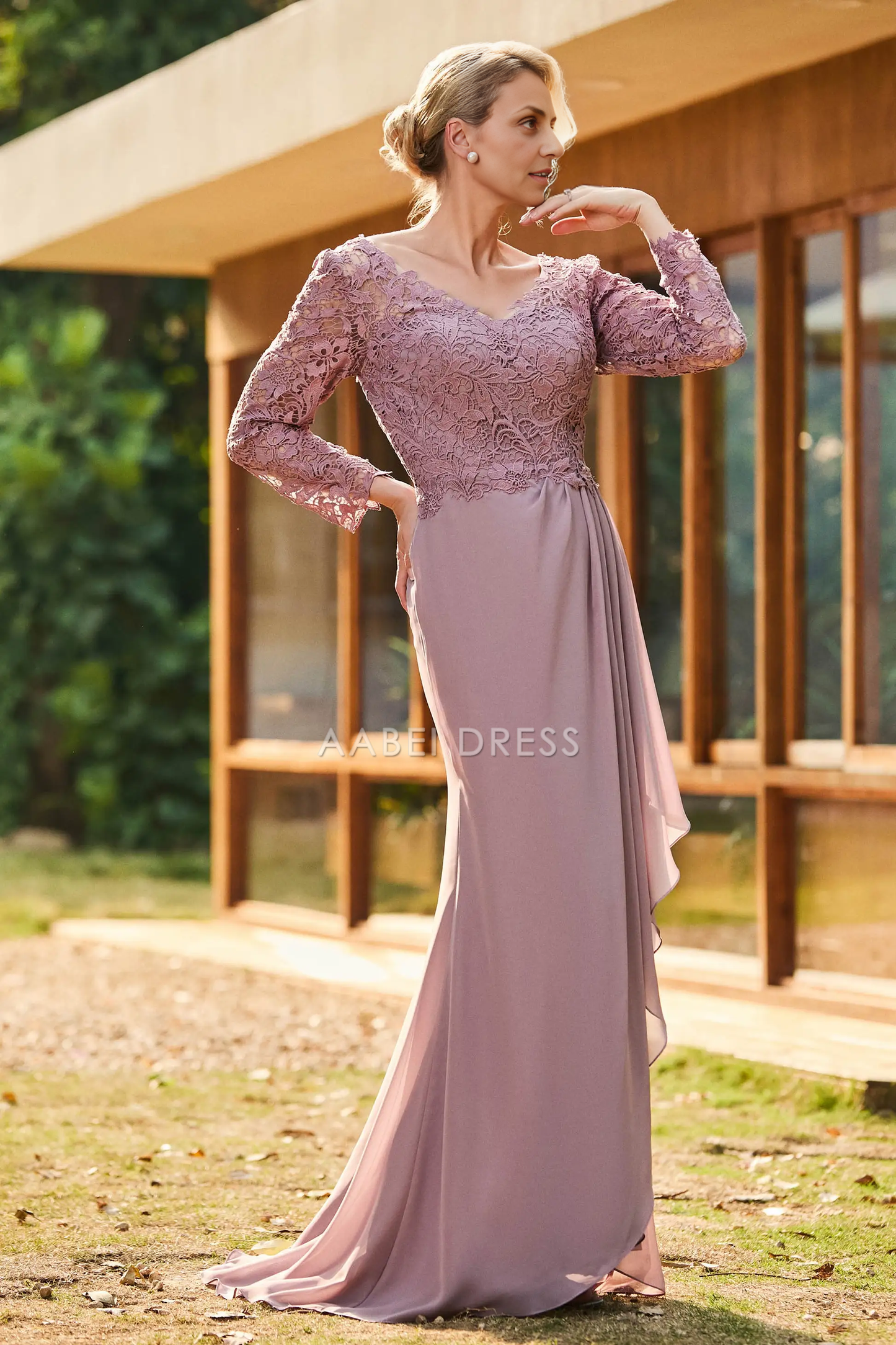 AABEI DRESS Wedding Guests Dresses Mom's Formal Dress Exquisite Sheath V-Neck Long Sleeves Lace Top V Back Chiffon Ruched Sweep Train Retro Mother of the Bride Dress