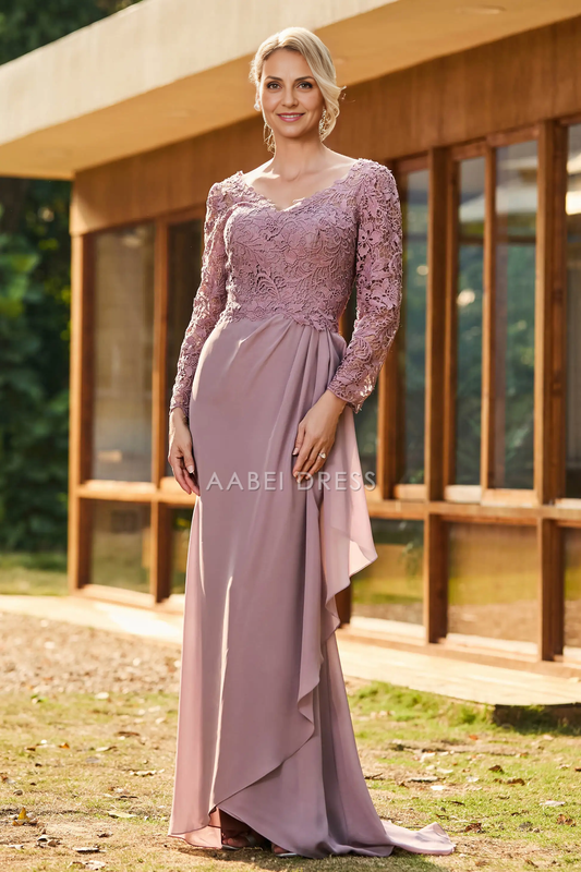 AABEI DRESS Wedding Guests Dresses Mom's Formal Dress Exquisite Sheath V-Neck Long Sleeves Lace Top V Back Chiffon Ruched Sweep Train Retro Mother of the Bride Dress