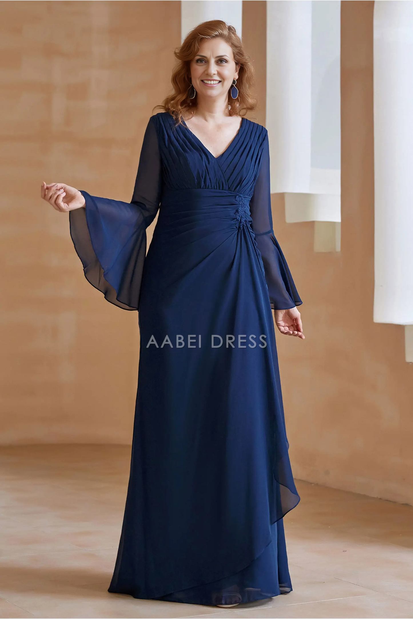 AABEI DRESS Wedding Guests Dresses Mom's Formal Dress Exquisite Sheath V Neck Pleated Long Flare Sleeves Chiffon Dress Fashion Mother of the Bride Dress