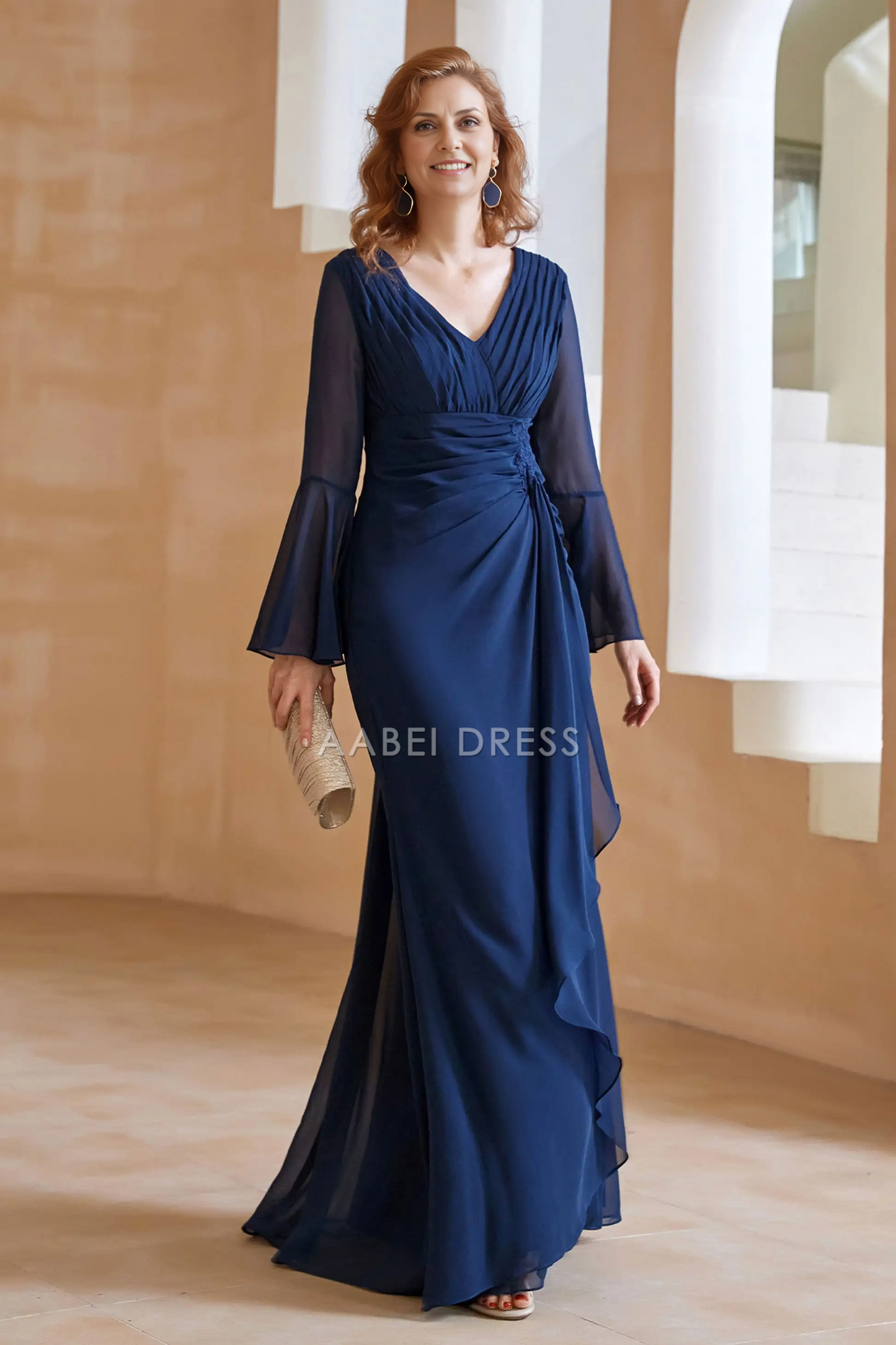 AABEI DRESS Wedding Guests Dresses Mom's Formal Dress Exquisite Sheath V Neck Pleated Long Flare Sleeves Chiffon Dress Fashion Mother of the Bride Dress