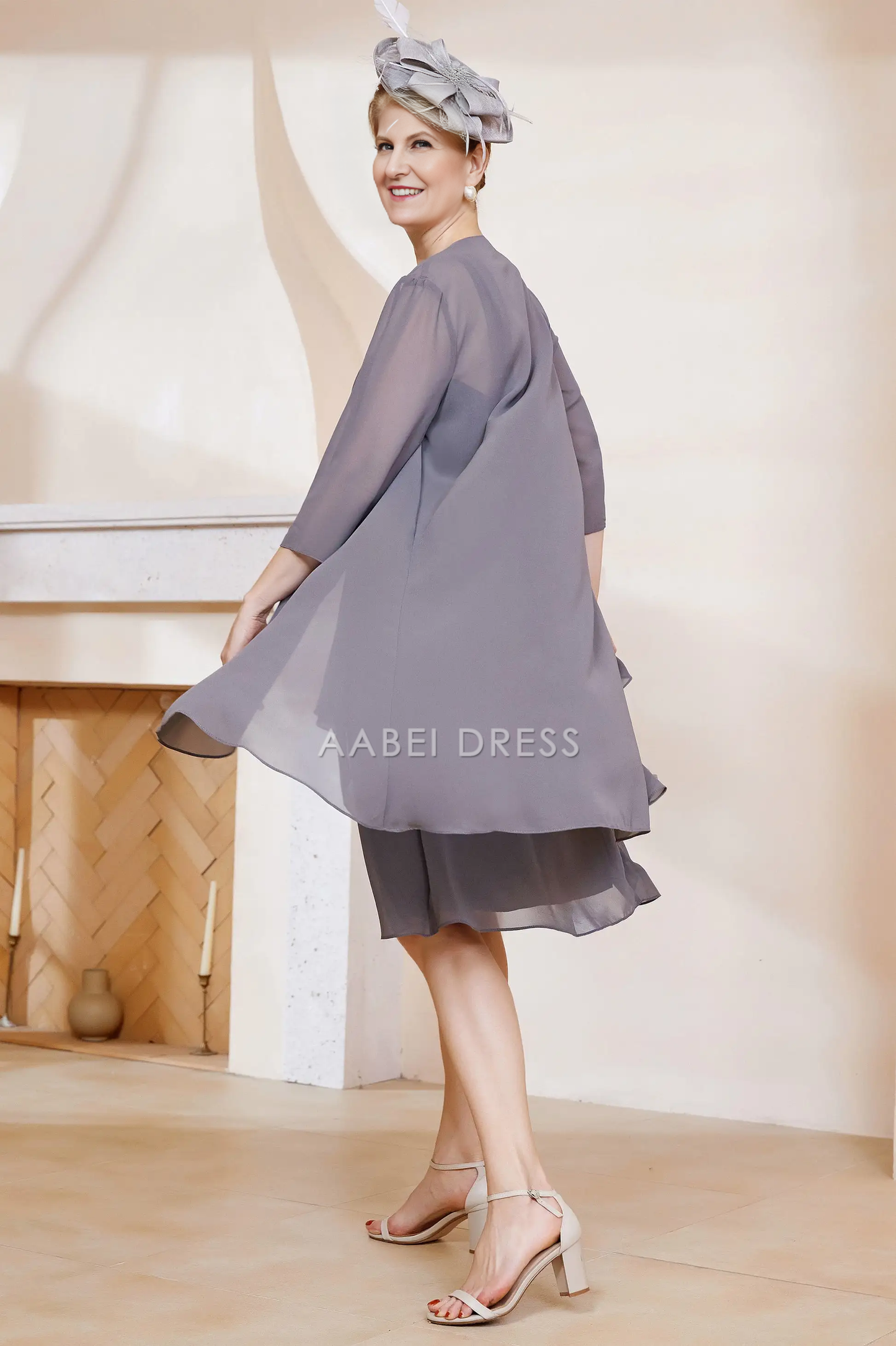 AABEI DRESS Wedding Guests Dresses Mom's Formal Dress Fashion A-Line Square Neck with Jacket 3/4 Sleeves Chiffon Ruched Beadwork Knee-Length Charming Mother of the Bride Dress