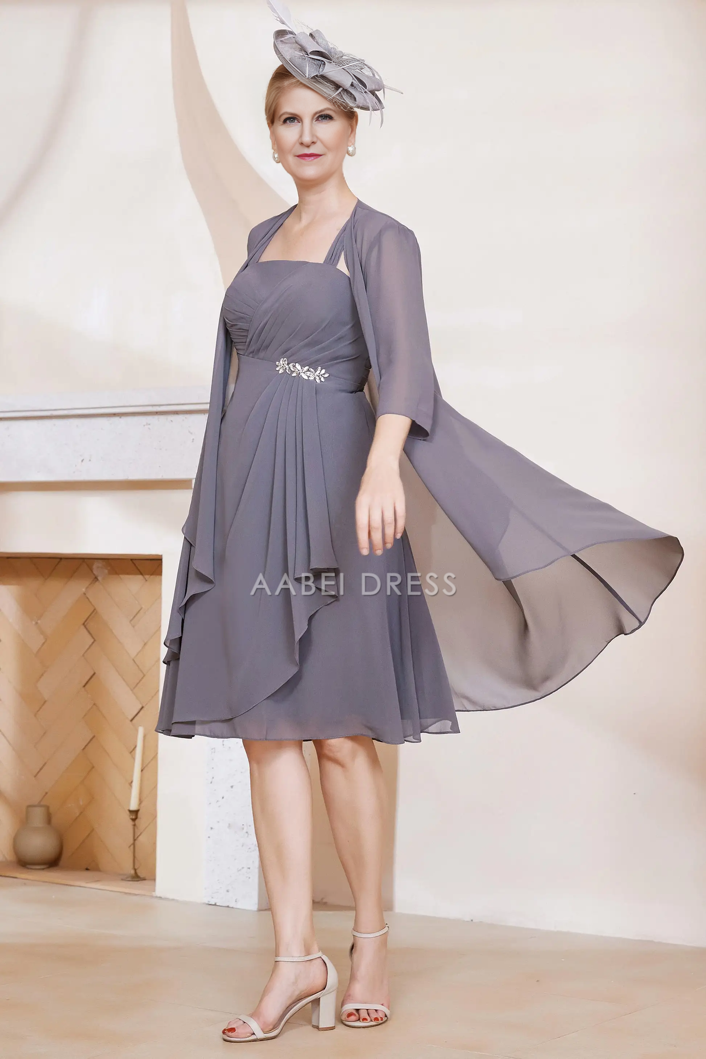 AABEI DRESS Wedding Guests Dresses Mom's Formal Dress Fashion A-Line Square Neck with Jacket 3/4 Sleeves Chiffon Ruched Beadwork Knee-Length Charming Mother of the Bride Dress
