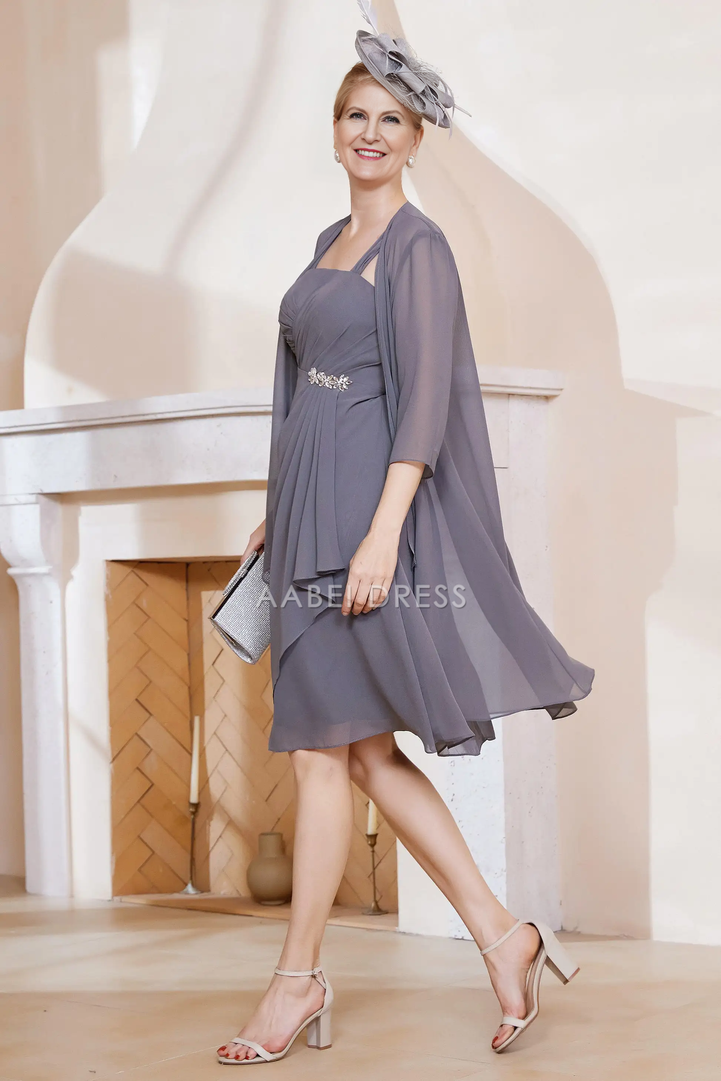 AABEI DRESS Wedding Guests Dresses Mom's Formal Dress Fashion A-Line Square Neck with Jacket 3/4 Sleeves Chiffon Ruched Beadwork Knee-Length Charming Mother of the Bride Dress