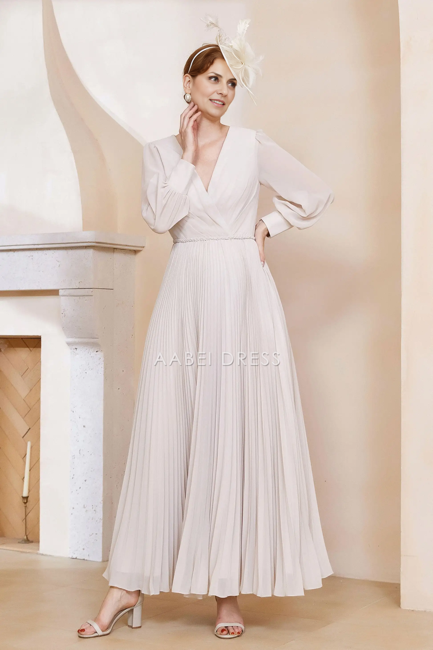 AABEI DRESS Wedding Guests Dresses Mom's Formal Dress Fashion A-Line V-Neck Long Sleeves Pleated Long Dress Elegant Mother of the Bride Dress