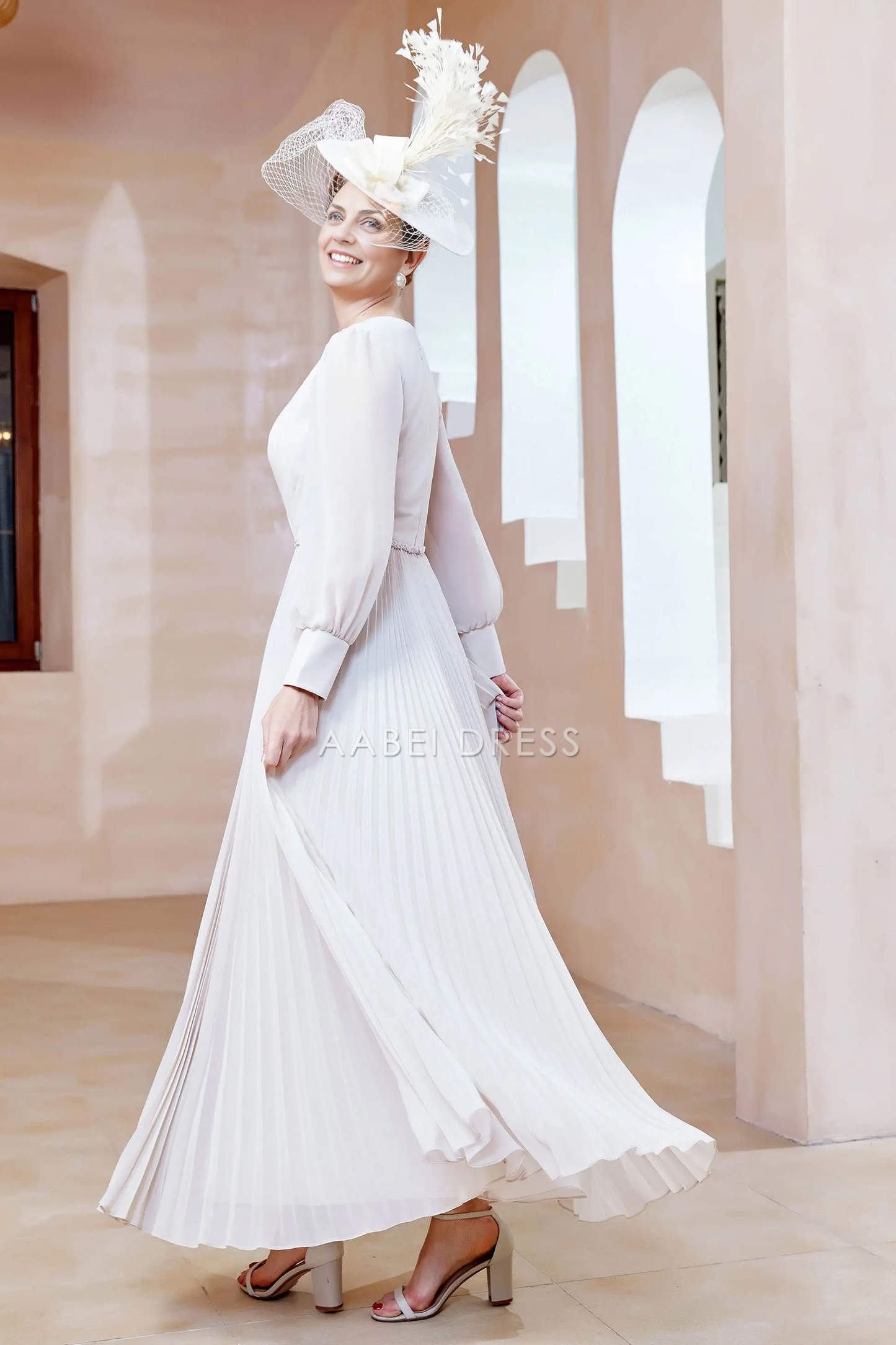 AABEI DRESS Wedding Guests Dresses Mom's Formal Dress Fashion A-Line V-Neck Long Sleeves Pleated Long Dress Elegant Mother of the Bride Dress