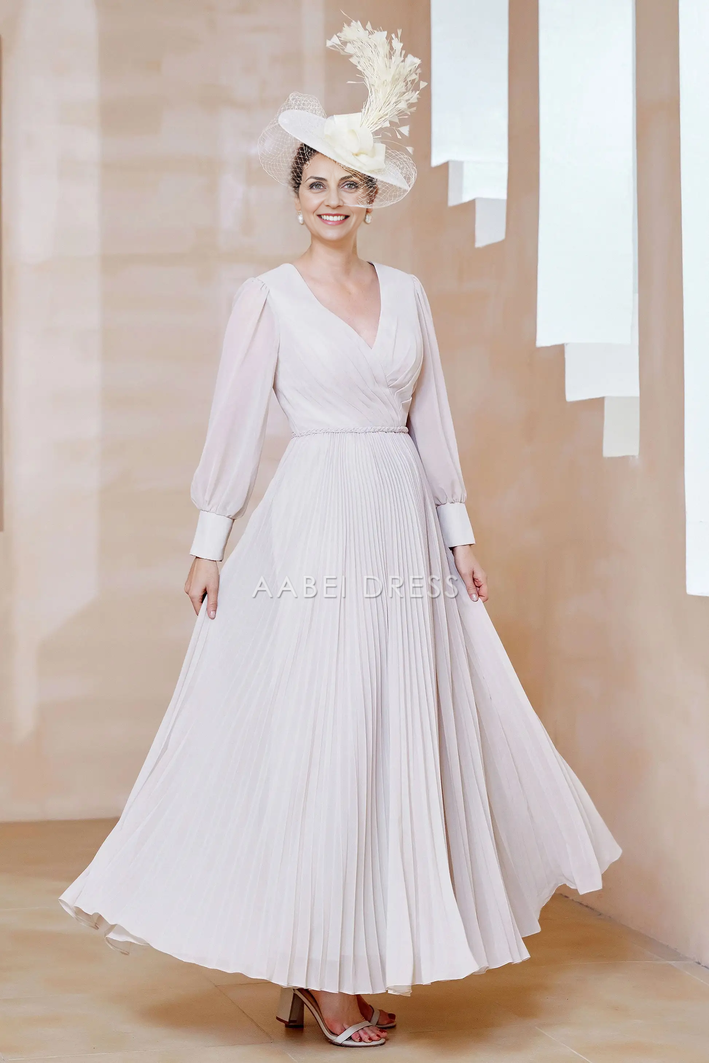 AABEI DRESS Wedding Guests Dresses Mom's Formal Dress Fashion A-Line V-Neck Long Sleeves Pleated Long Dress Elegant Mother of the Bride Dress