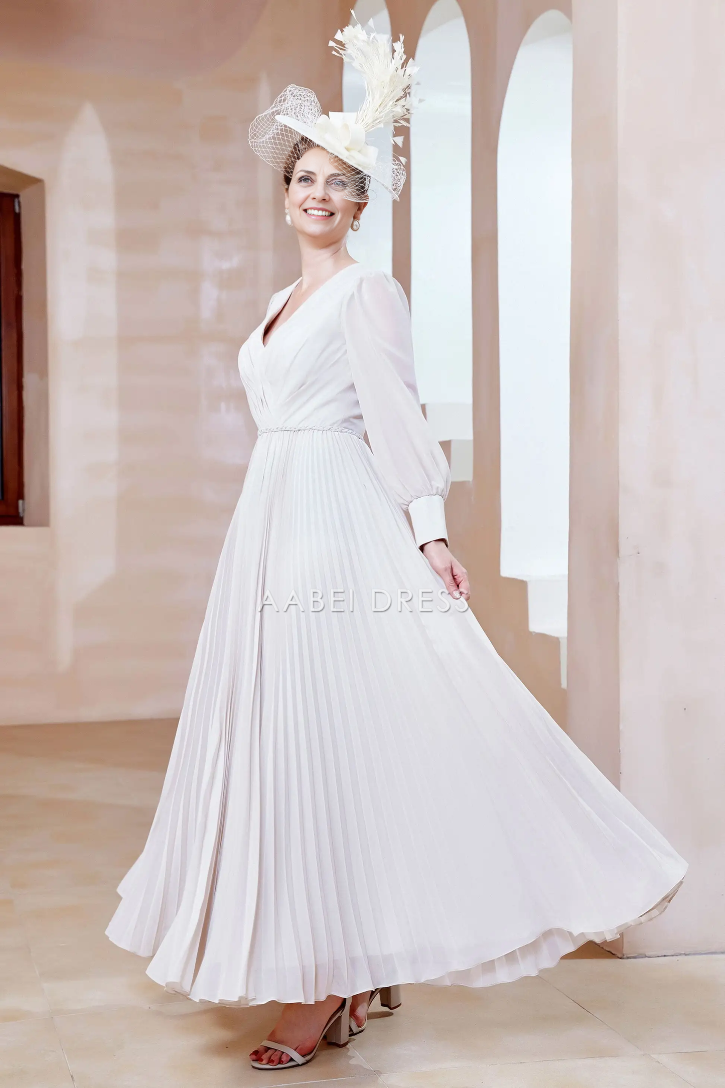 AABEI DRESS Wedding Guests Dresses Mom's Formal Dress Fashion A-Line V-Neck Long Sleeves Pleated Long Dress Elegant Mother of the Bride Dress