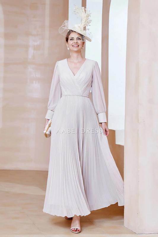 AABEI DRESS Wedding Guests Dresses Mom's Formal Dress Fashion A-Line V-Neck Long Sleeves Pleated Long Dress Elegant Mother of the Bride Dress
