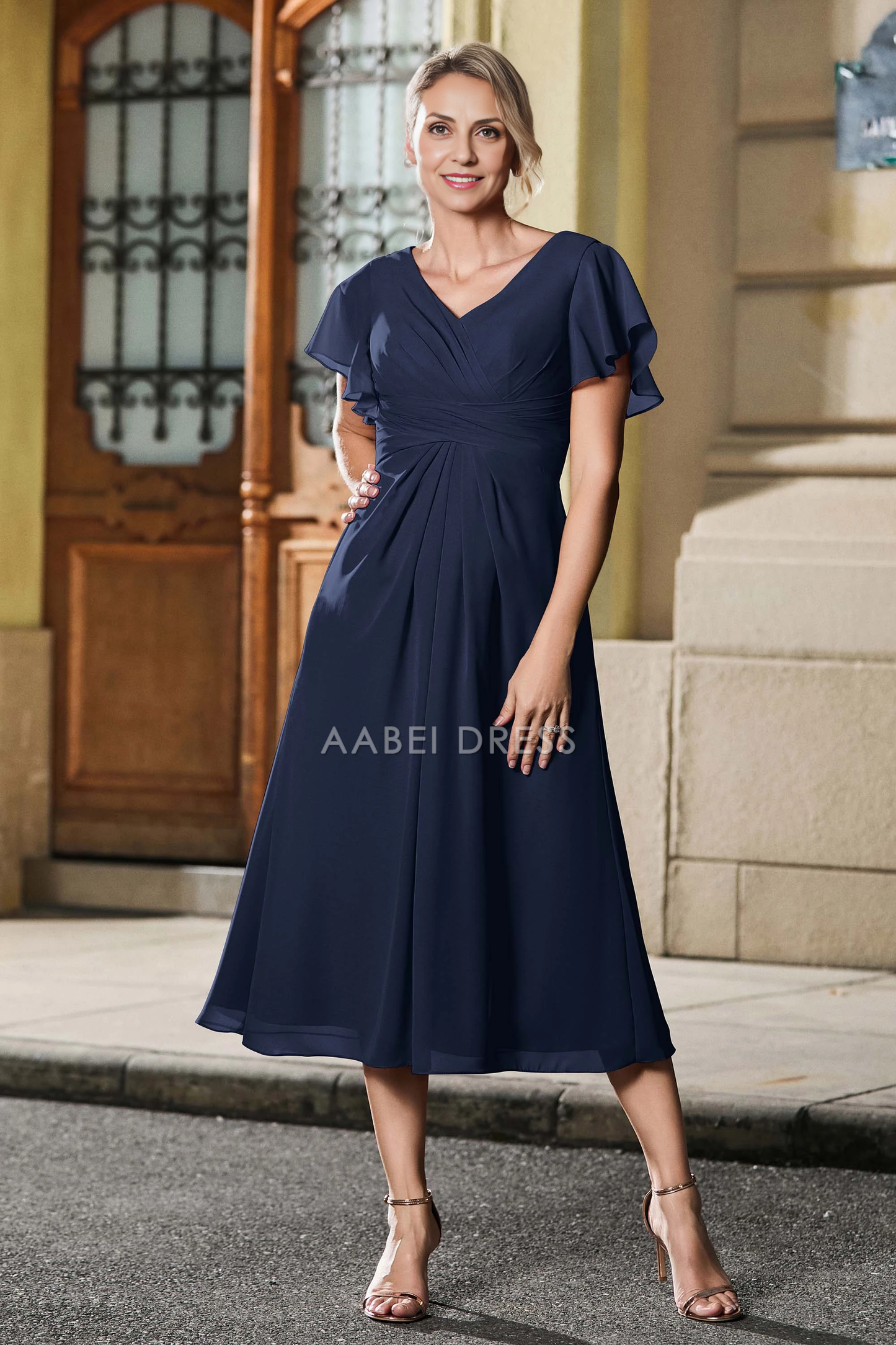 AABEI DRESS Wedding Guests Dresses Mom's Formal Dress Fashion A Line Pleated V-Neck Flutter Sleeves Chiffon Tea-Length Simple Mother of the Bride Dress