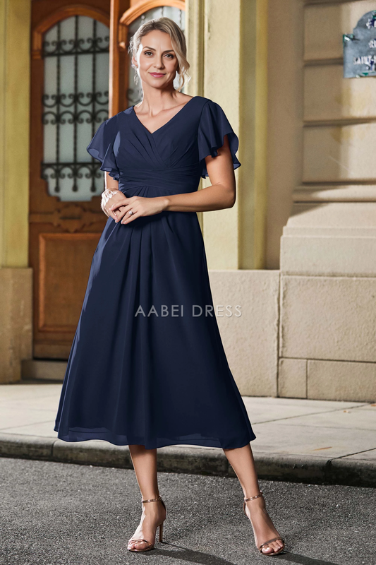 AABEI DRESS Wedding Guests Dresses Mom's Formal Dress Fashion A Line Pleated V-Neck Flutter Sleeves Chiffon Tea-Length Simple Mother of the Bride Dress